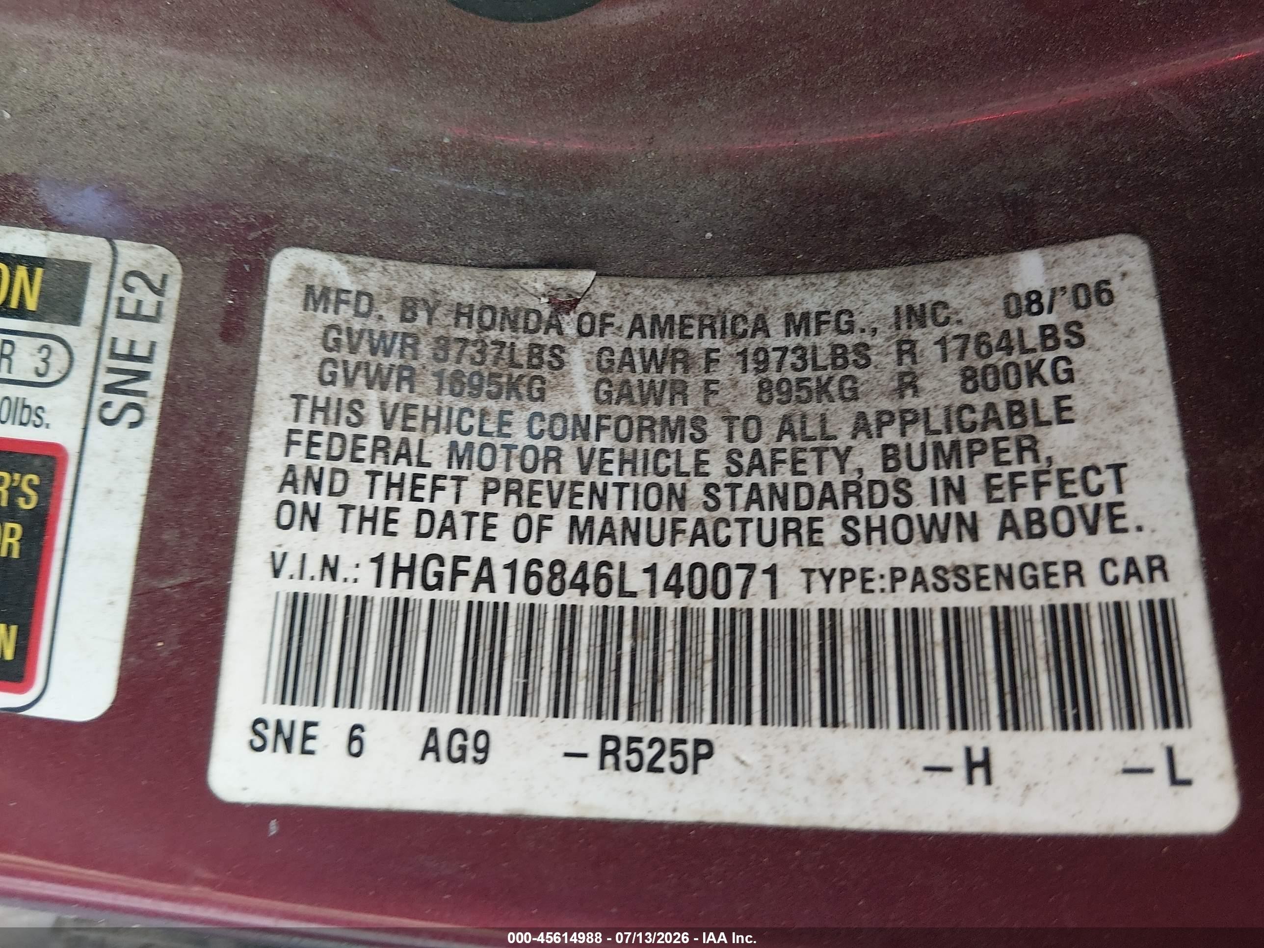 2006 Honda Civic Ex Красный vin: 1HGFA16846L140071