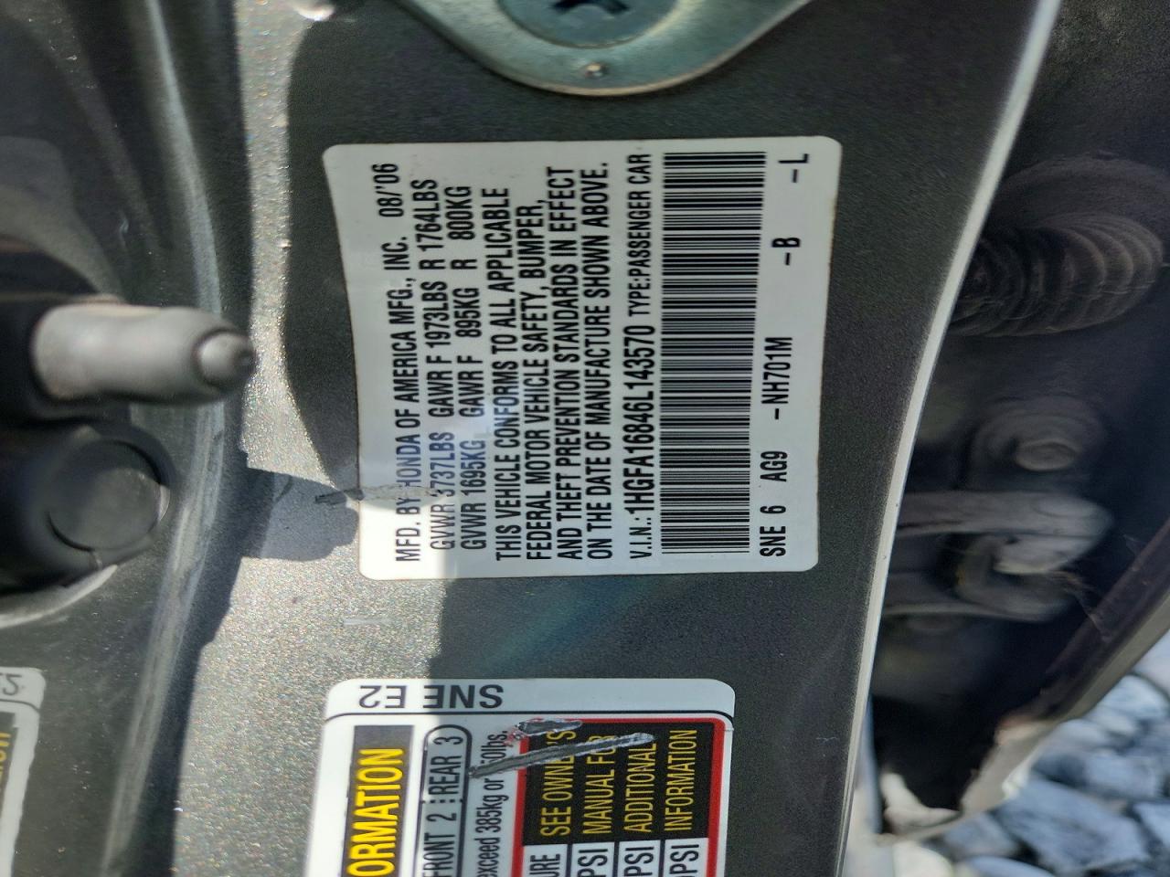 2006 Honda Civic Ex Серый vin: 1HGFA16846L143570