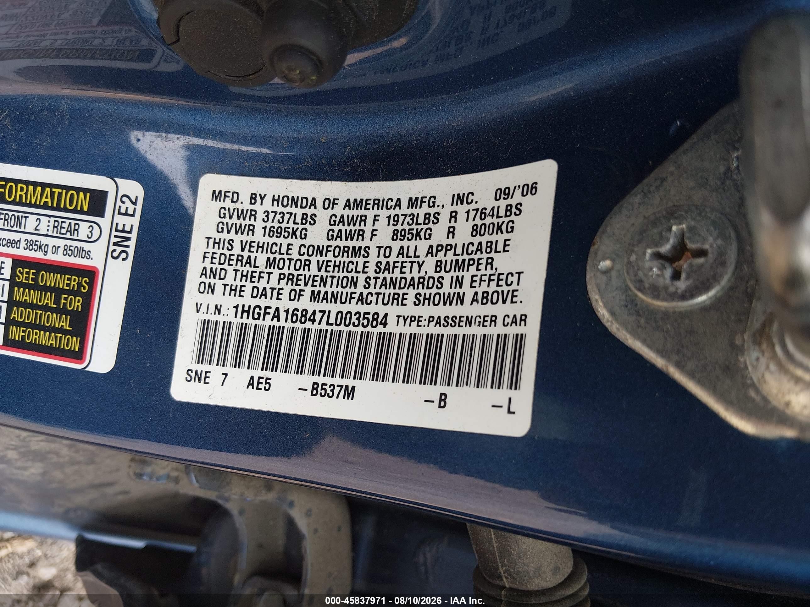 2007 Honda Civic Ex Blue vin: 1HGFA16847L003584