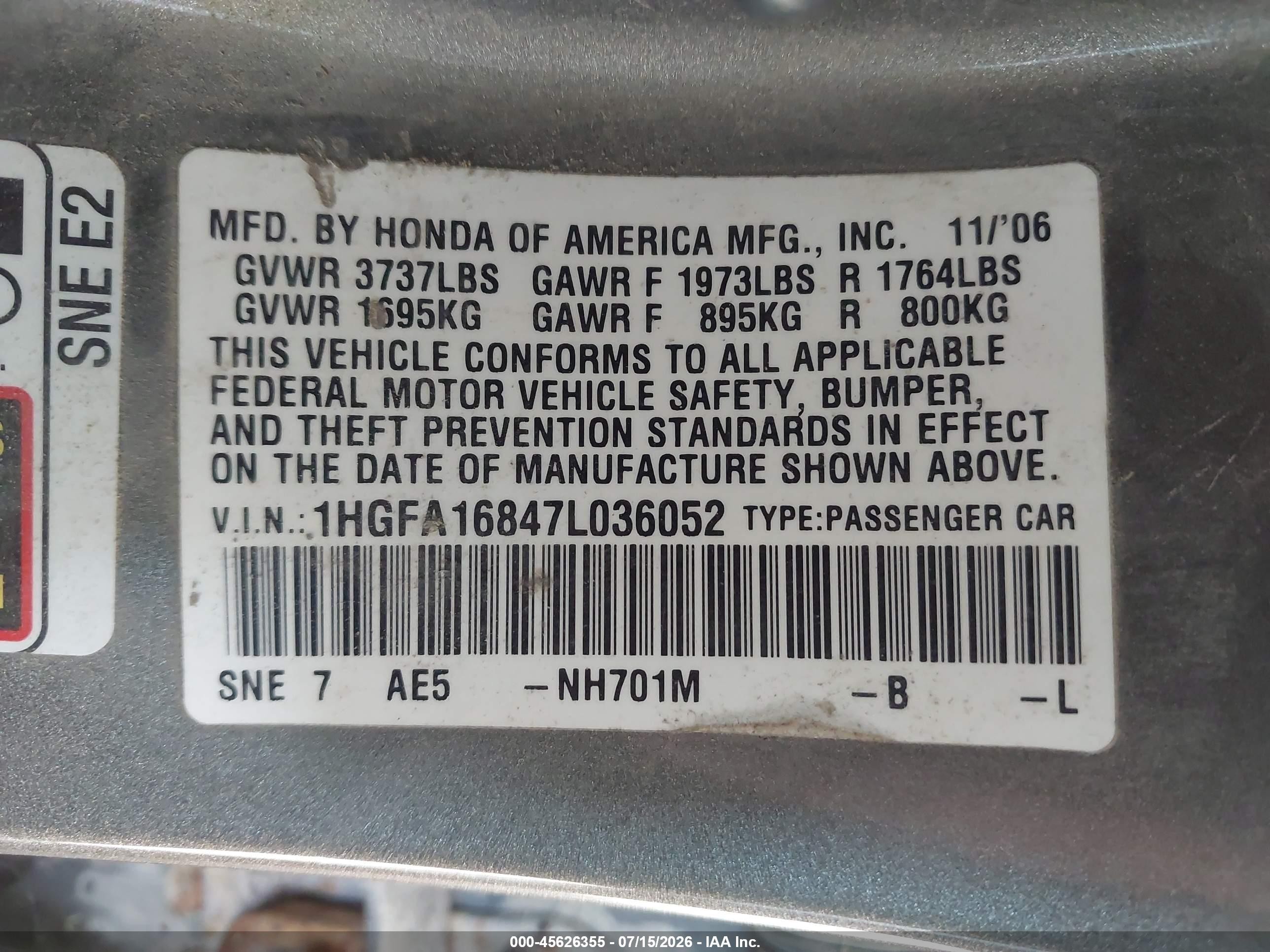 2007 Honda Civic Ex Gray vin: 1HGFA16847L036052