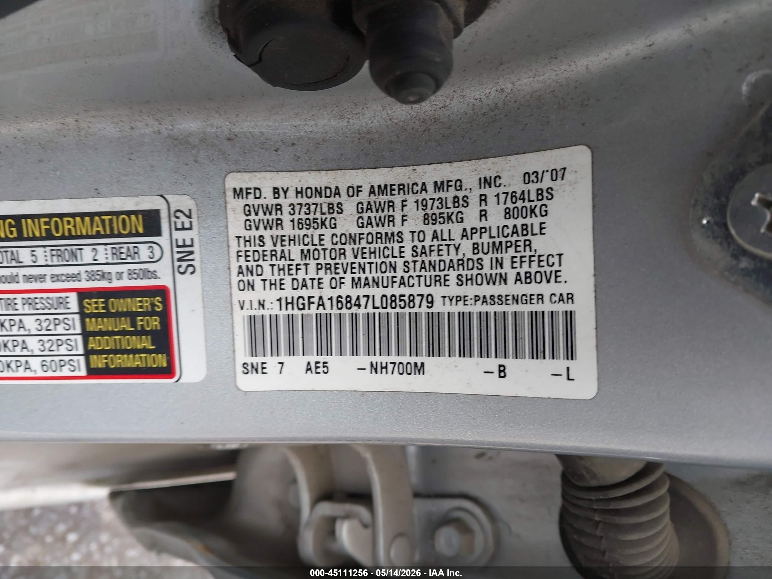 2007 Honda Civic Ex Silver vin: 1HGFA16847L085879