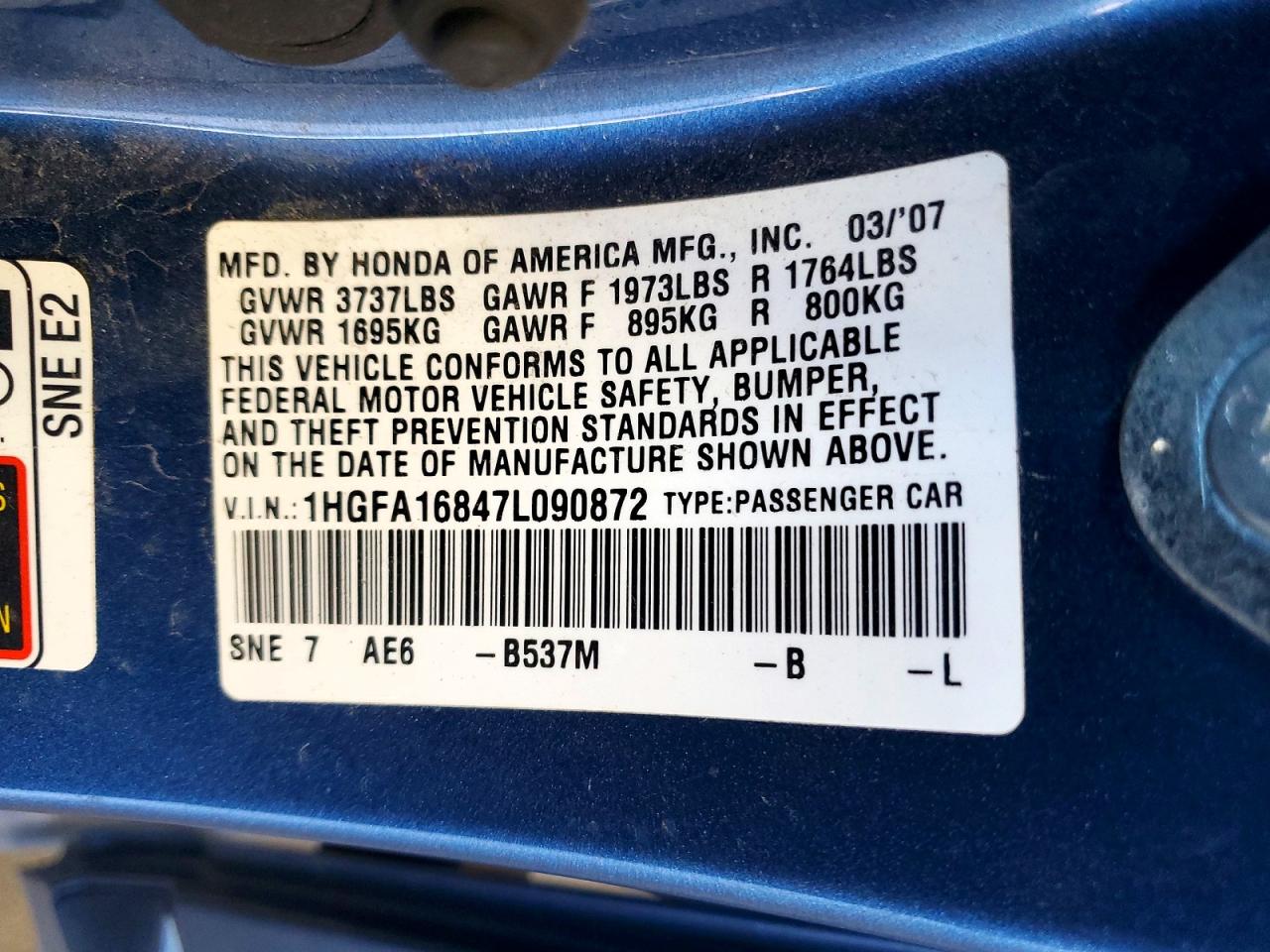 2007 Honda Civic Ex Blue vin: 1HGFA16847L090872