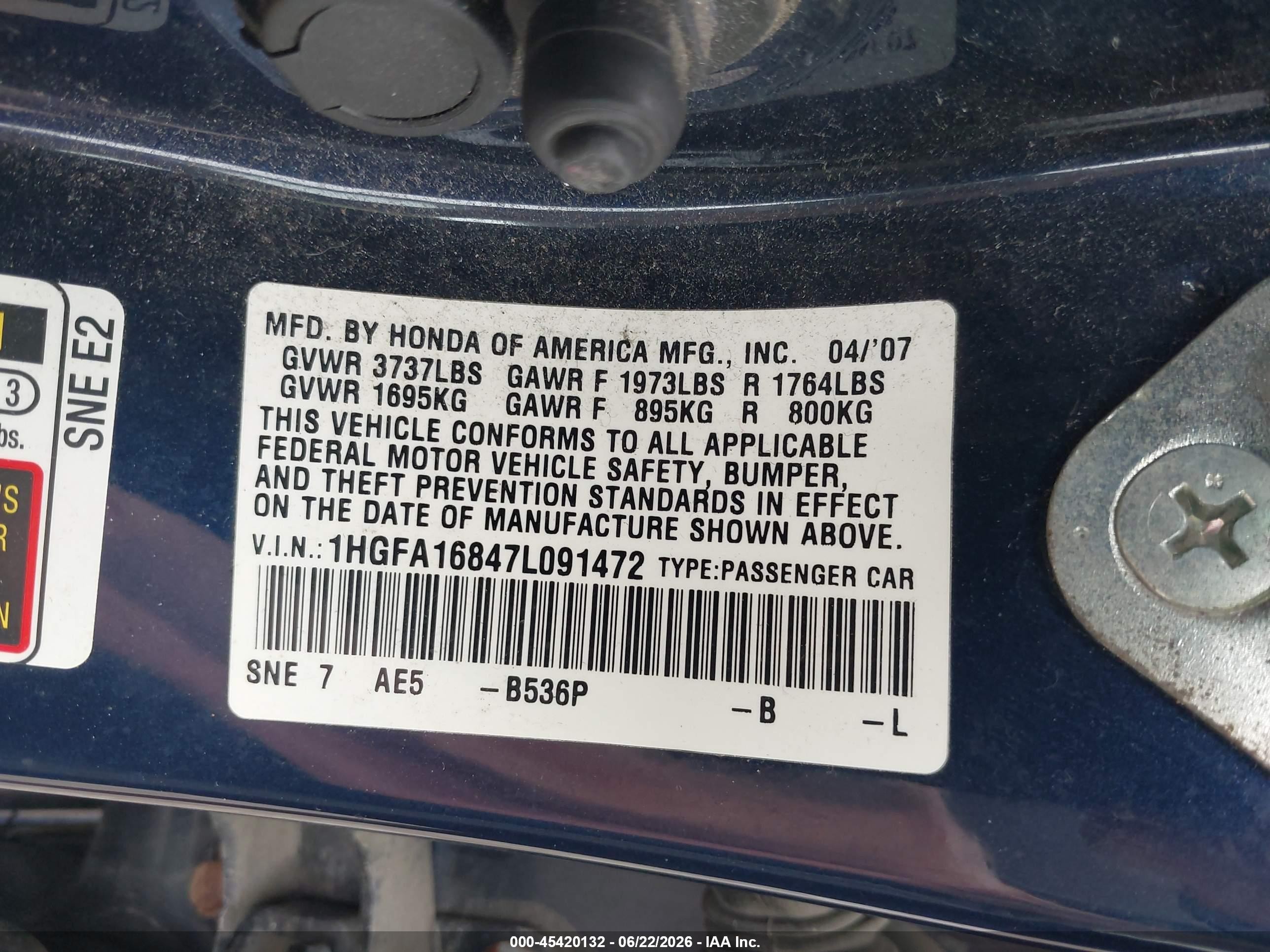 2007 Honda Civic Ex Blue vin: 1HGFA16847L091472