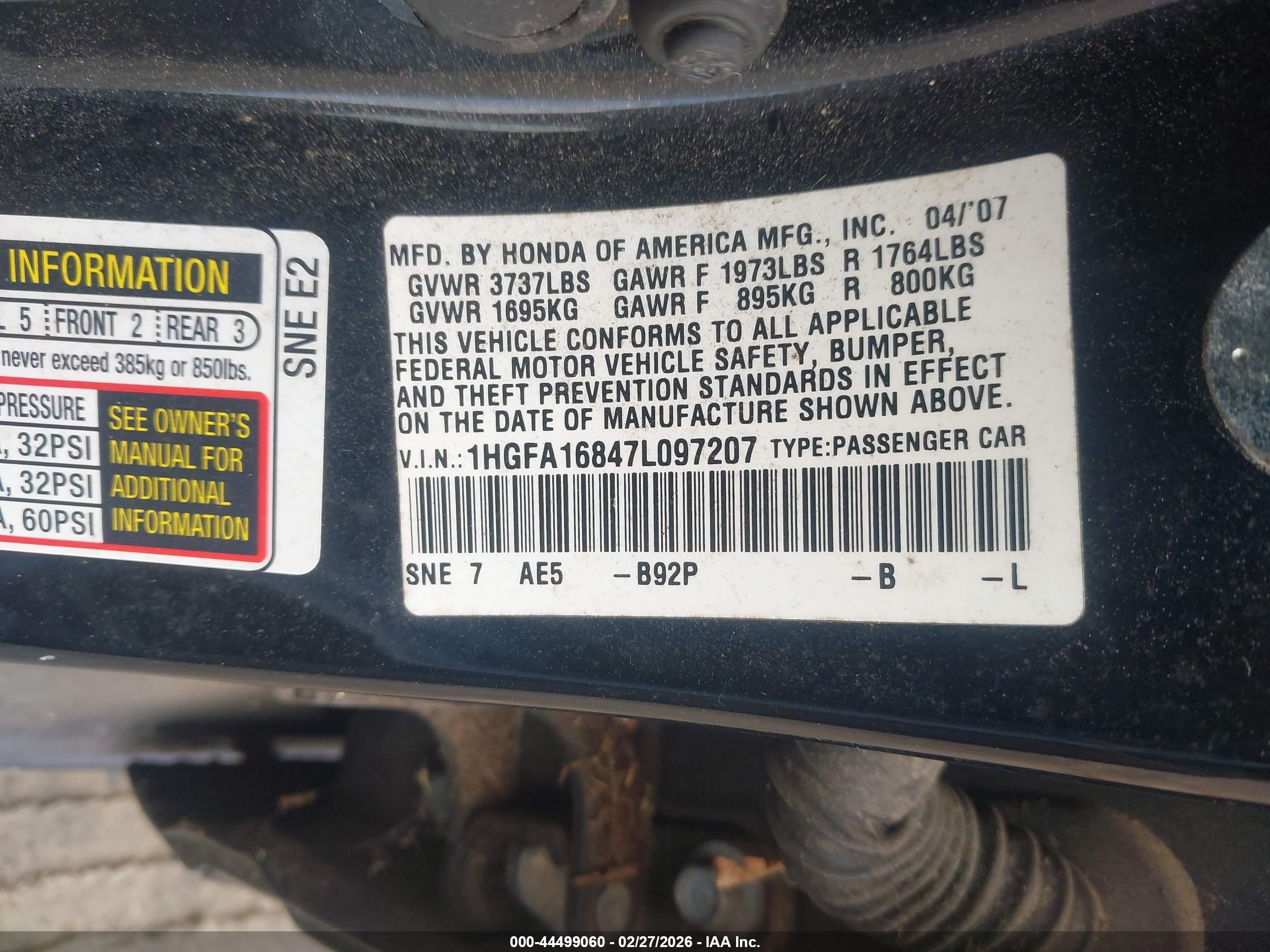 2007 Honda Civic Ex Black vin: 1HGFA16847L097207