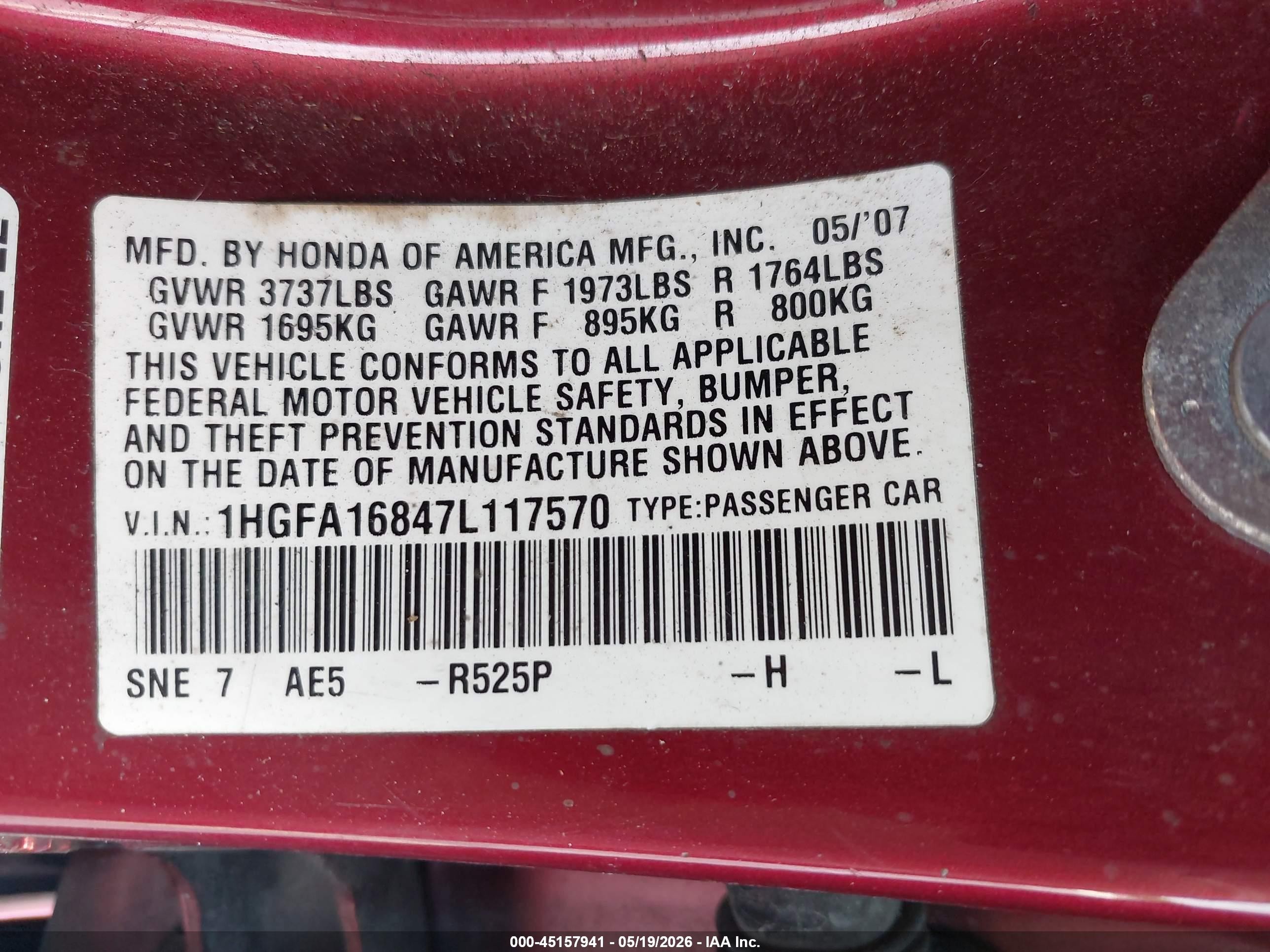 2007 Honda Civic Ex Burgundy vin: 1HGFA16847L117570