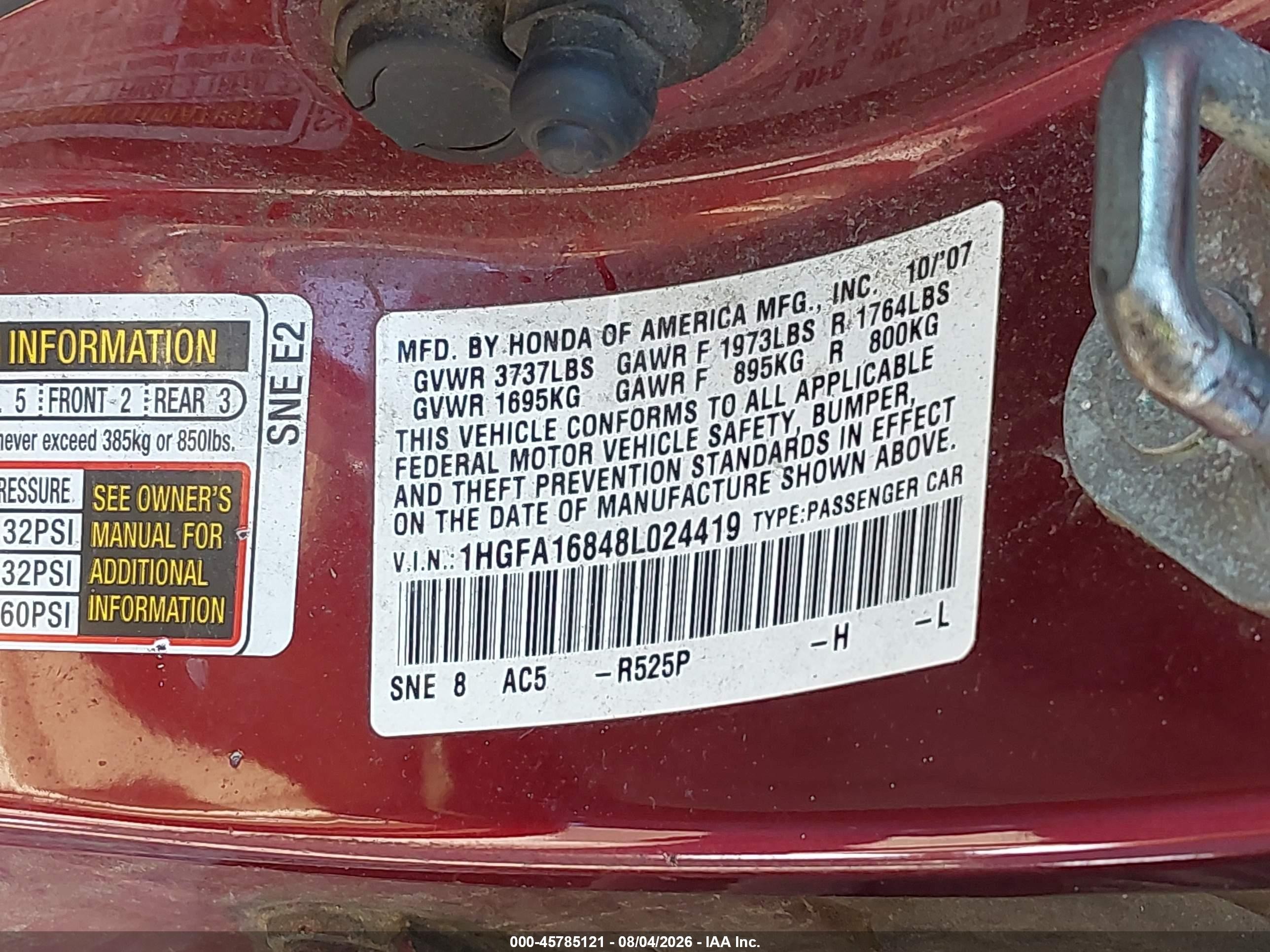 2008 Honda Civic Ex Burgundy vin: 1HGFA16848L024419