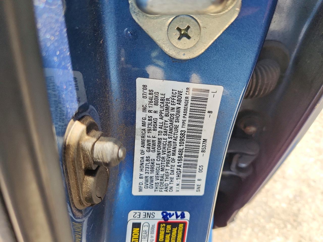 2008 Honda Civic Ex Blue vin: 1HGFA16848L109583