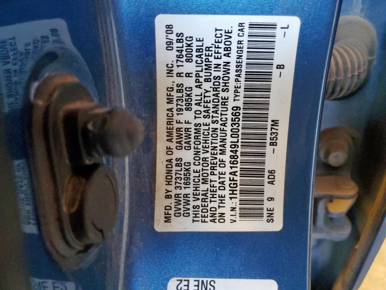 2009 Honda Civic Ex Blue vin: 1HGFA16849L003569