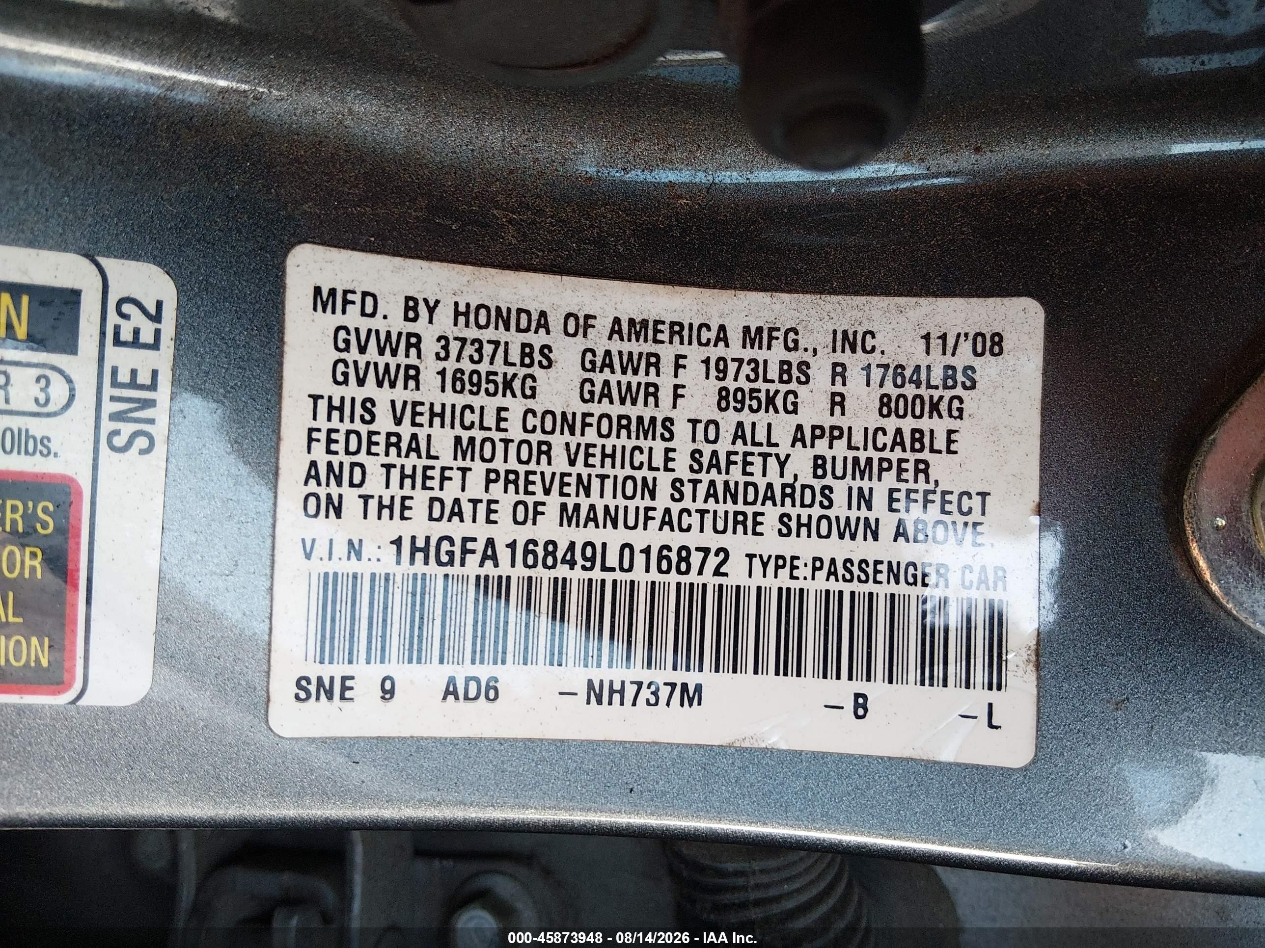 2009 Honda Civic Ex Серый vin: 1HGFA16849L016872