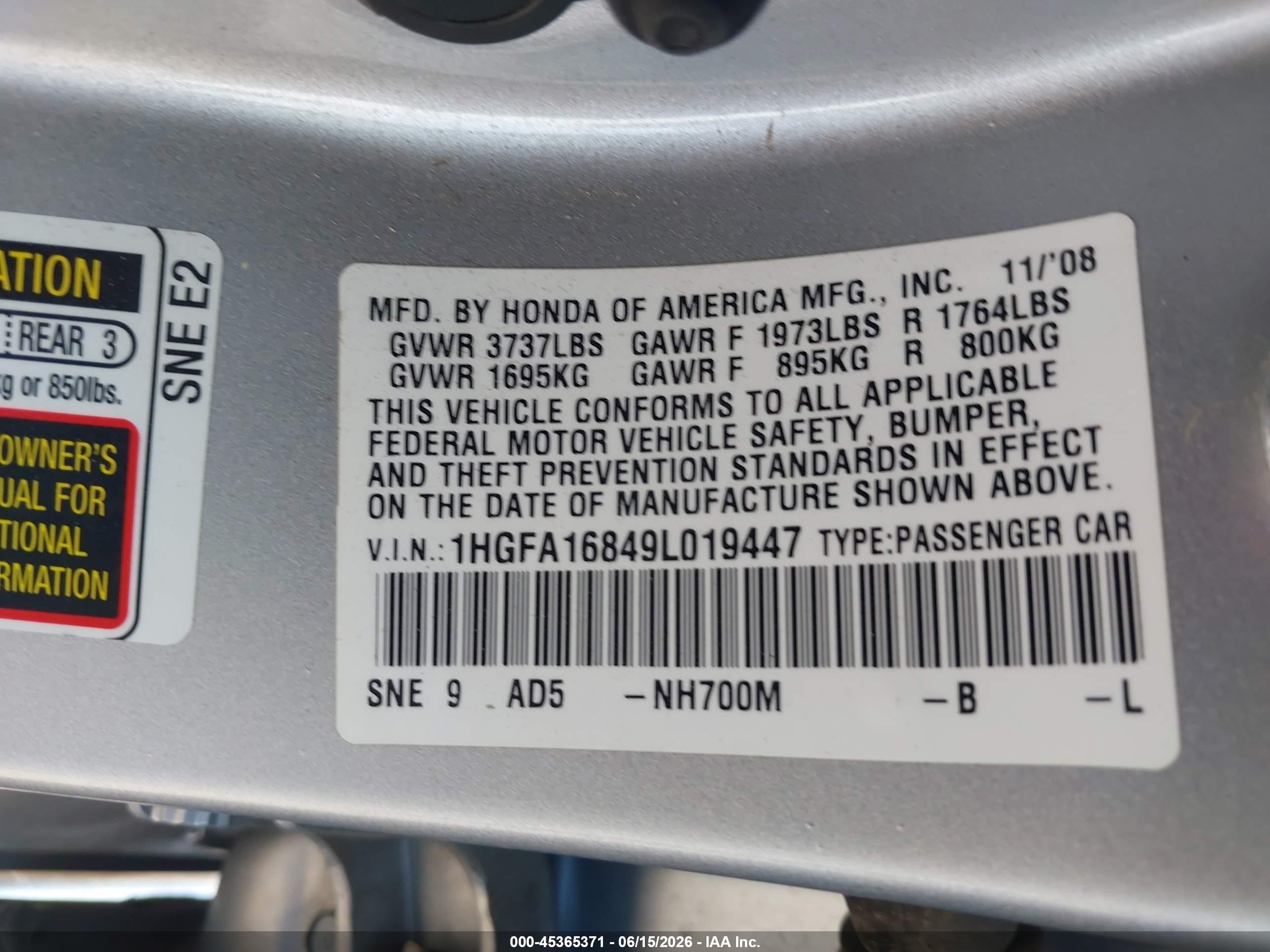 2009 Honda Civic Ex Silver vin: 1HGFA16849L019447