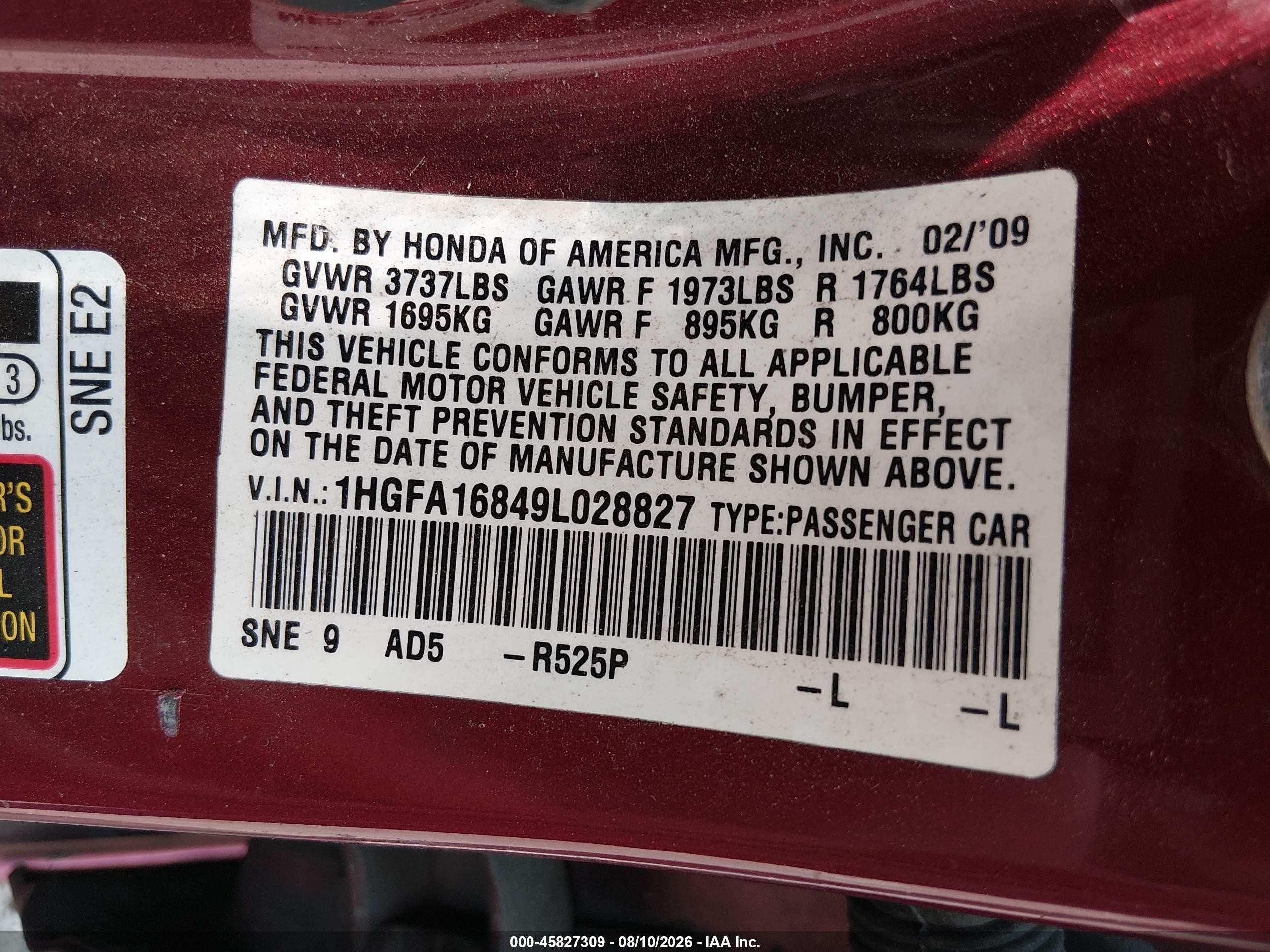 2009 Honda Civic Ex Red vin: 1HGFA16849L028827