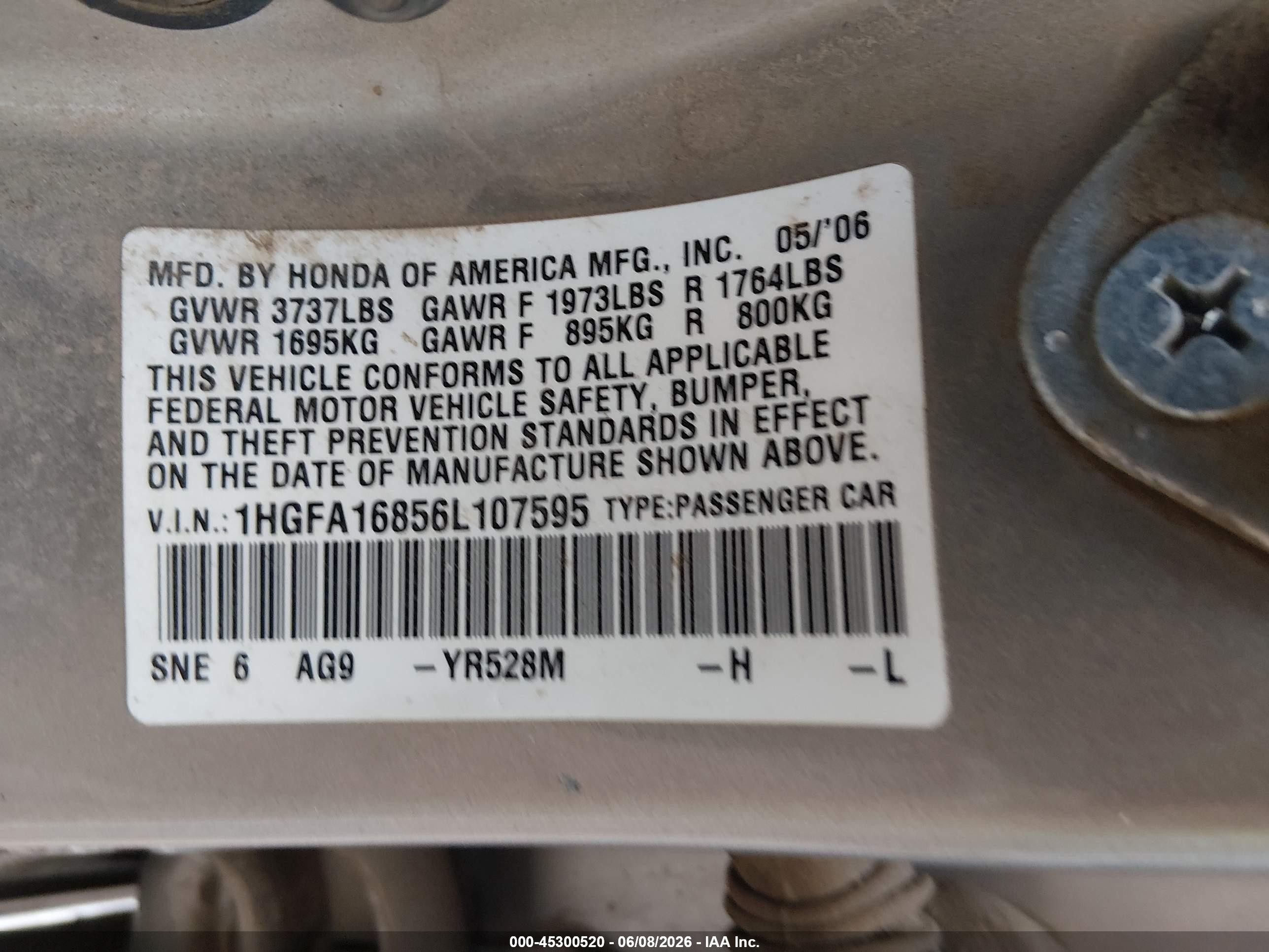 2006 Honda Civic Ex Gray vin: 1HGFA16856L107595