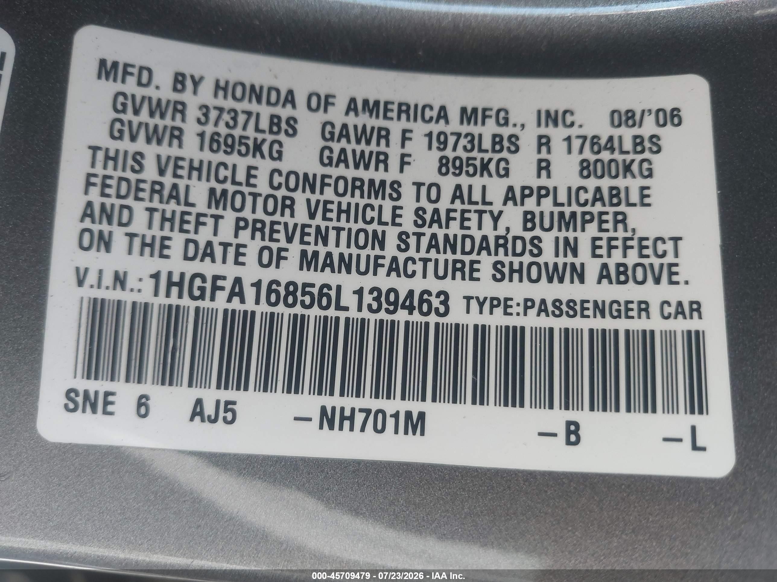 2006 Honda Civic Ex Gray vin: 1HGFA16856L139463