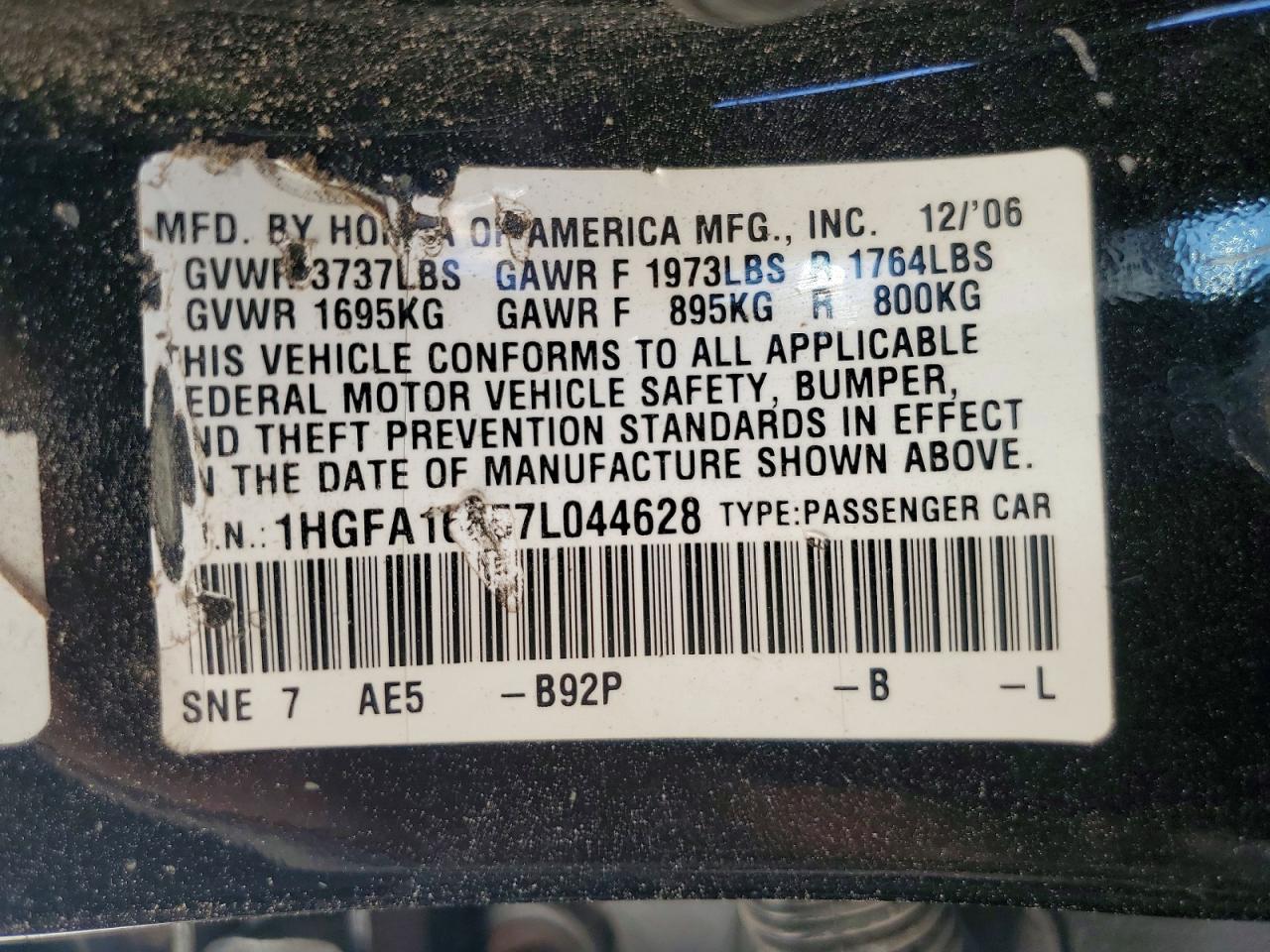 2007 Honda Civic Ex Black vin: 1HGFA16857L044628