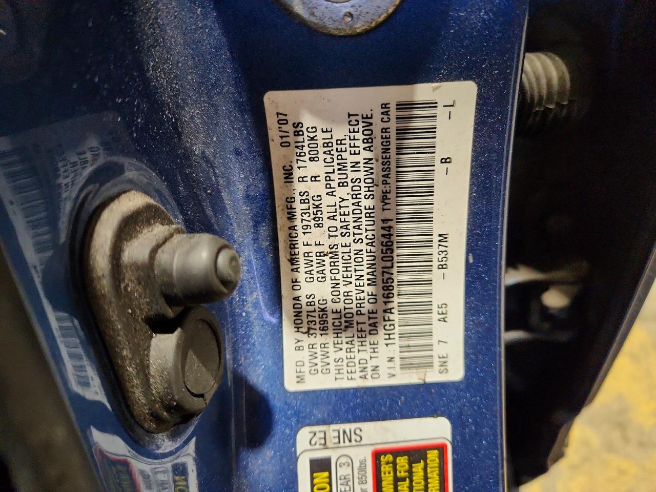 2007 Honda Civic Ex Blue vin: 1HGFA16857L056441