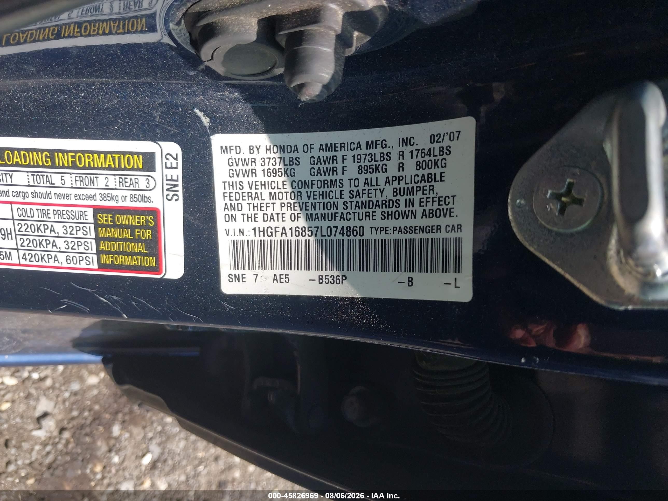 2007 Honda Civic Ex Blue vin: 1HGFA16857L074860