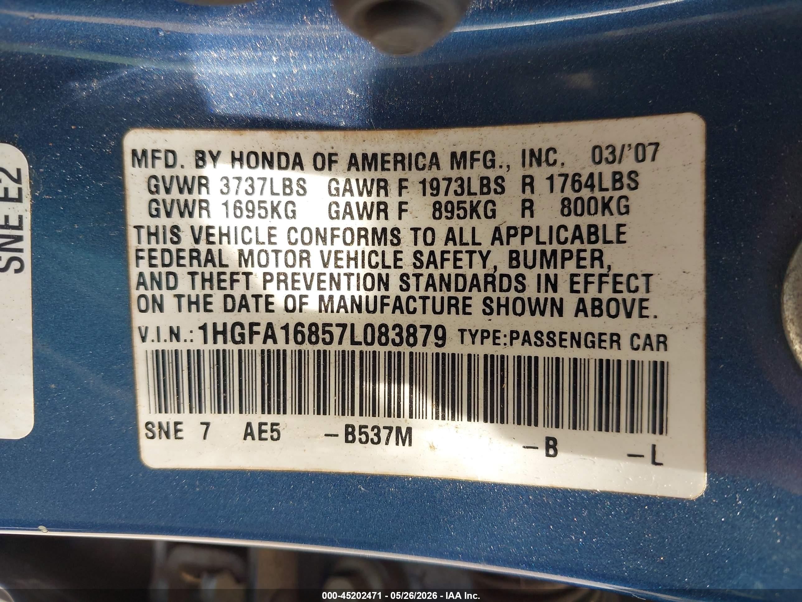 2007 Honda Civic Ex Blue vin: 1HGFA16857L083879