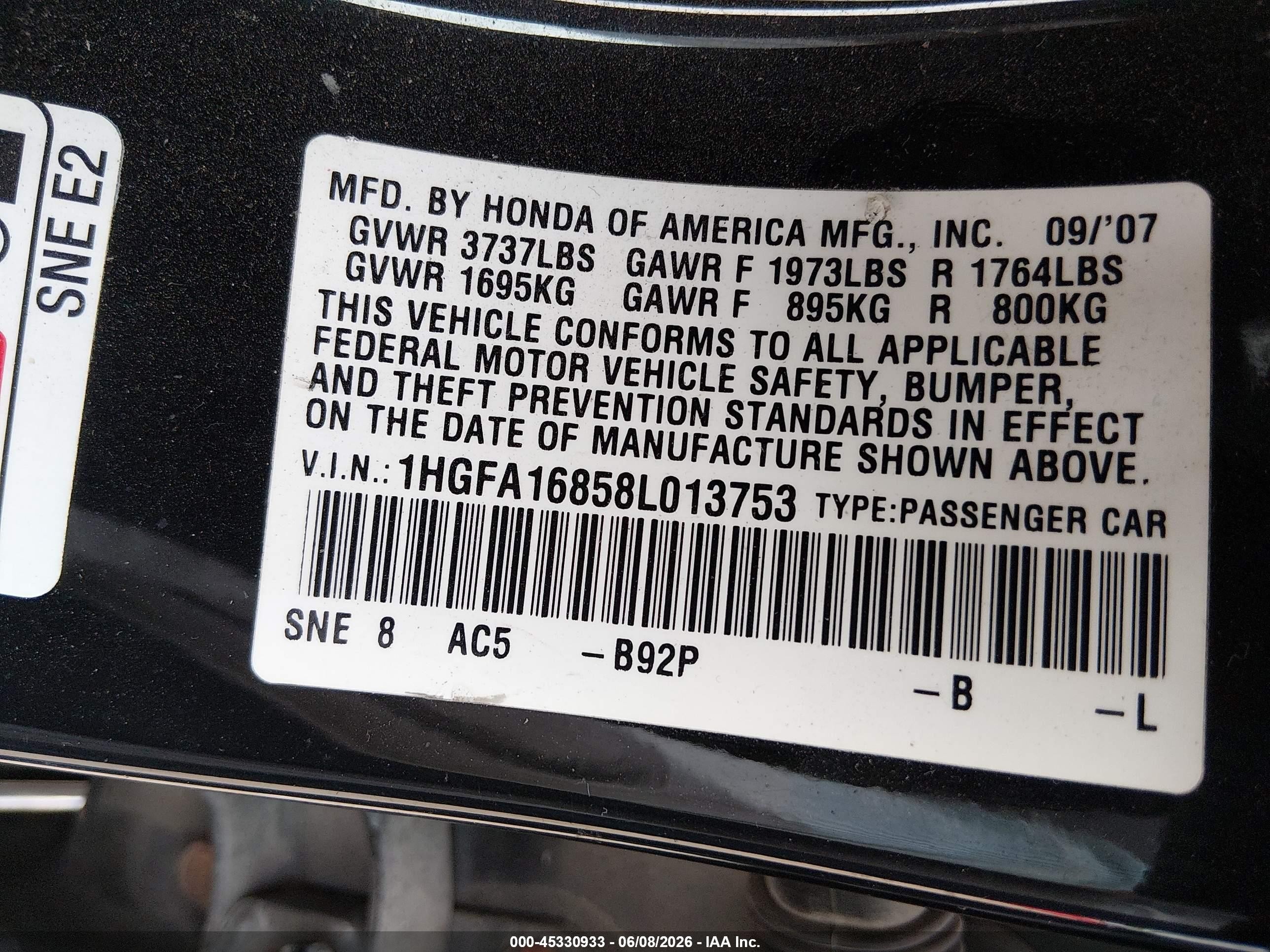2008 Honda Civic Ex Black vin: 1HGFA16858L013753