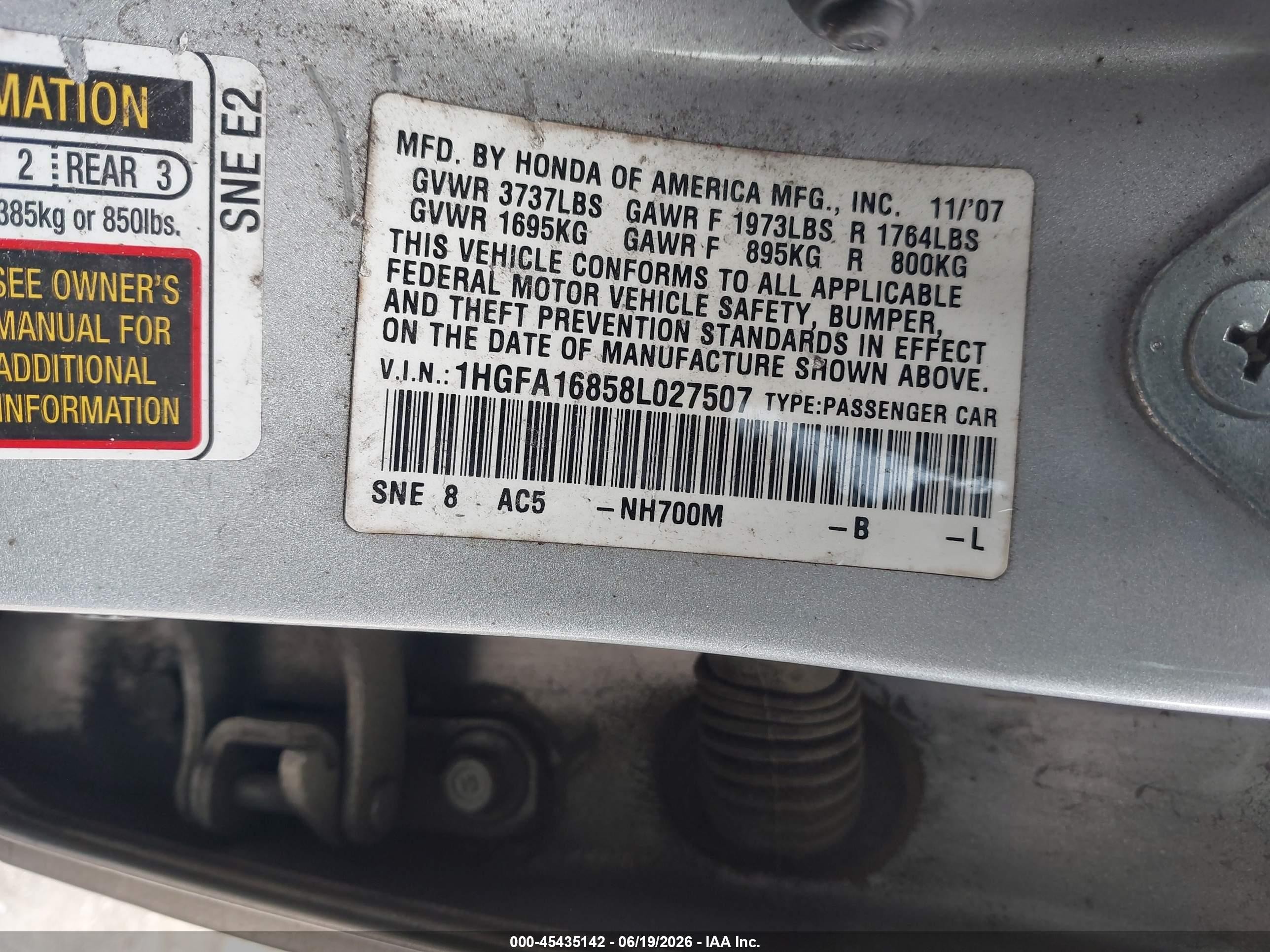 2008 Honda Civic Ex Silver vin: 1HGFA16858L027507