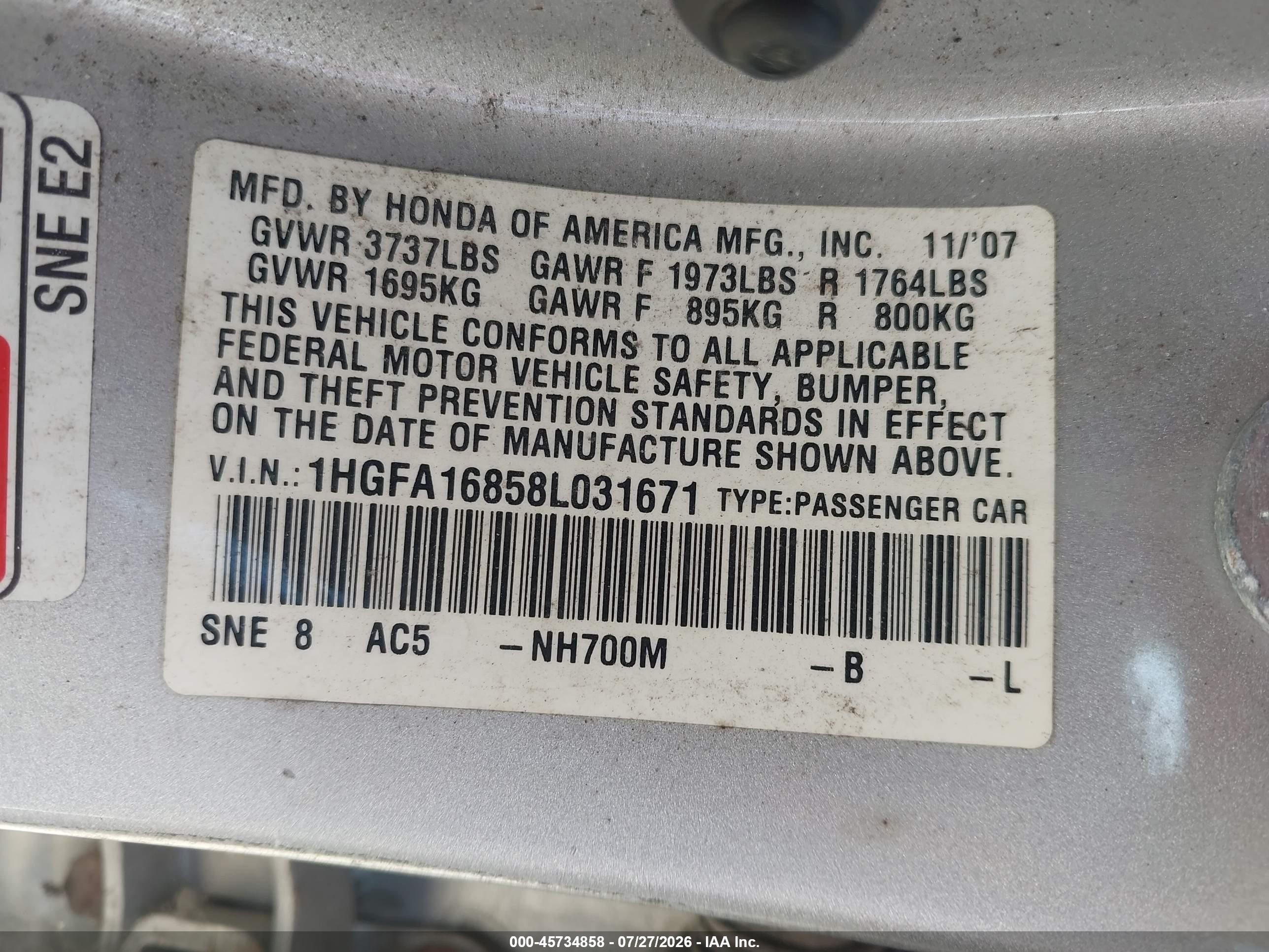 2008 Honda Civic Ex Gray vin: 1HGFA16858L031671