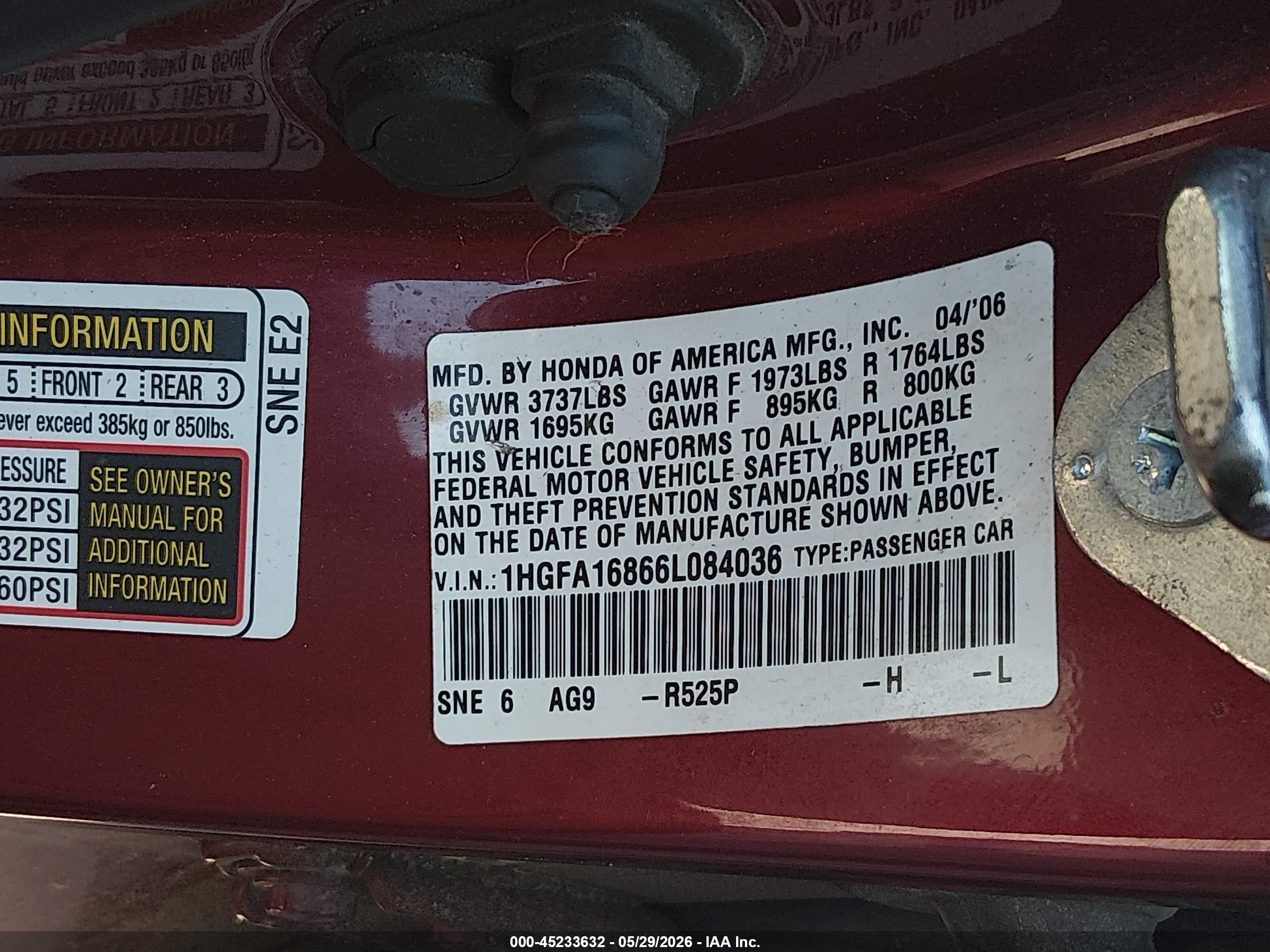 2006 Honda Civic Ex Red vin: 1HGFA16866L084036