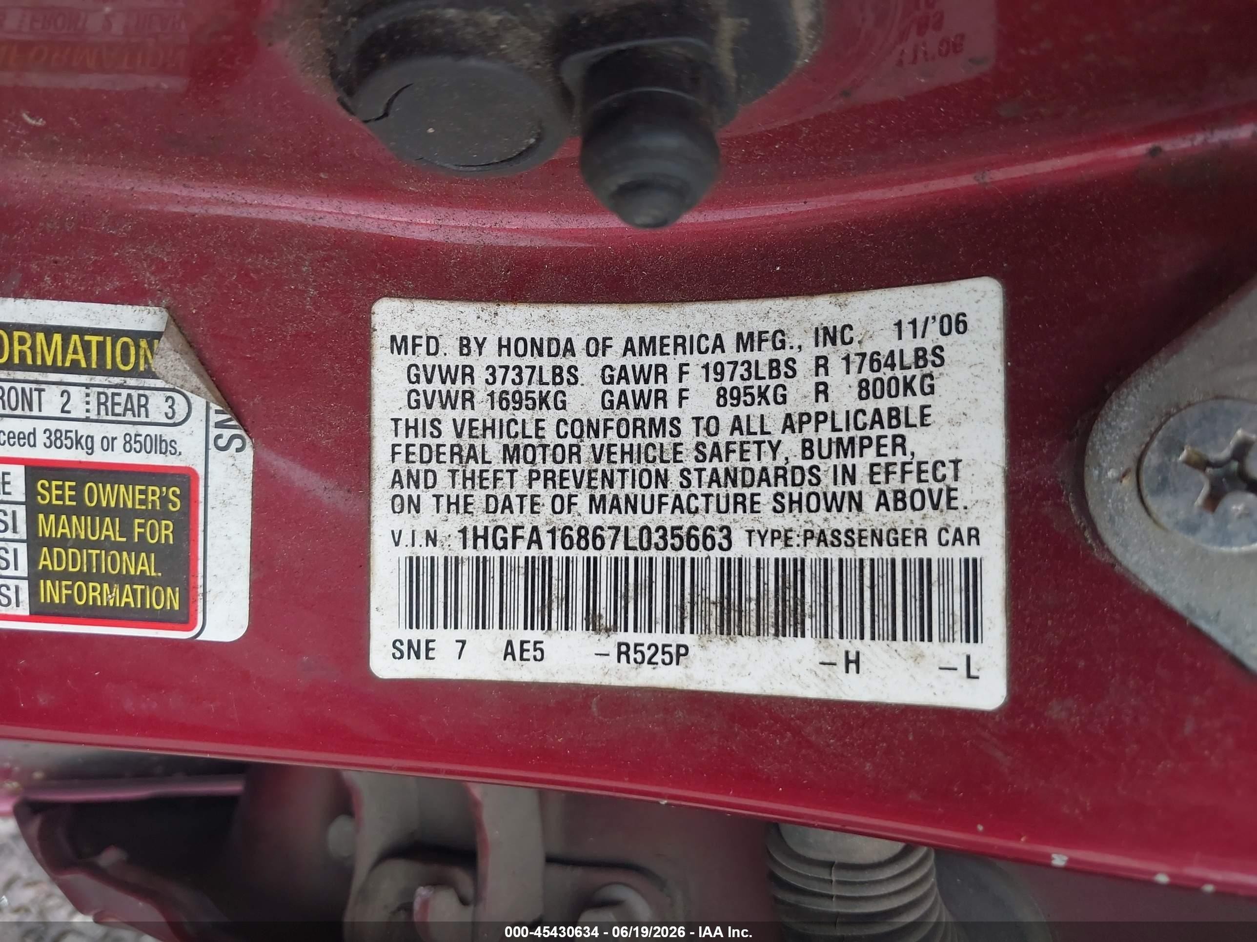 2007 Honda Civic Ex Темно-бордовый vin: 1HGFA16867L035663