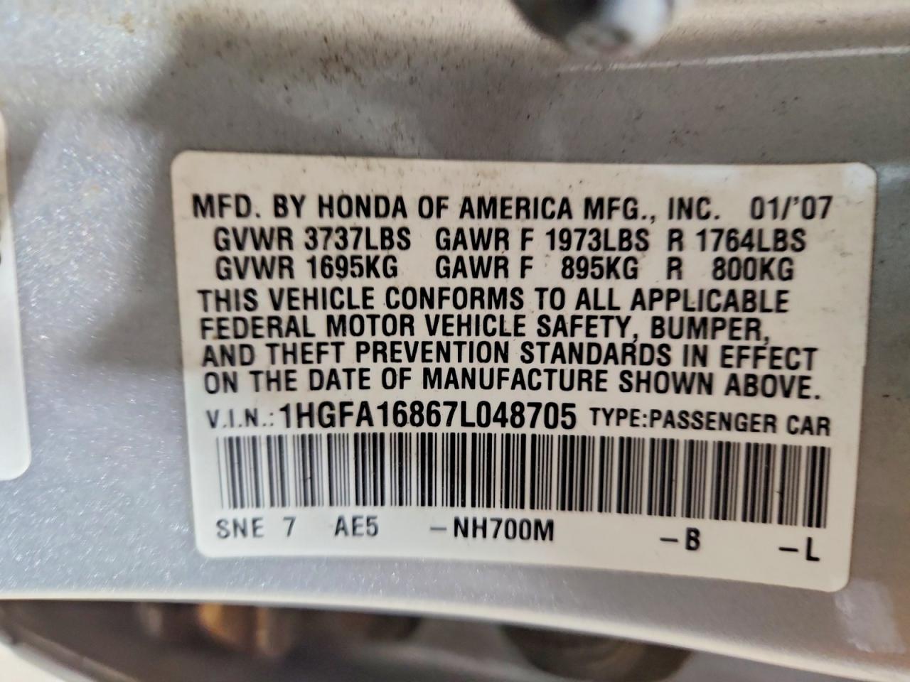 2007 Honda Civic Ex Silver vin: 1HGFA16867L048705