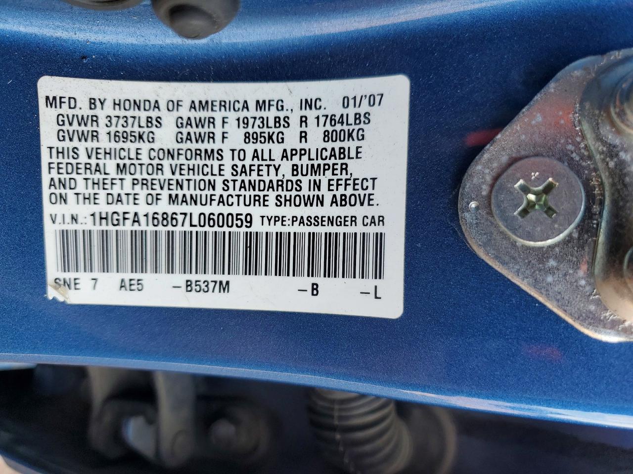 2007 Honda Civic Ex Blue vin: 1HGFA16867L060059