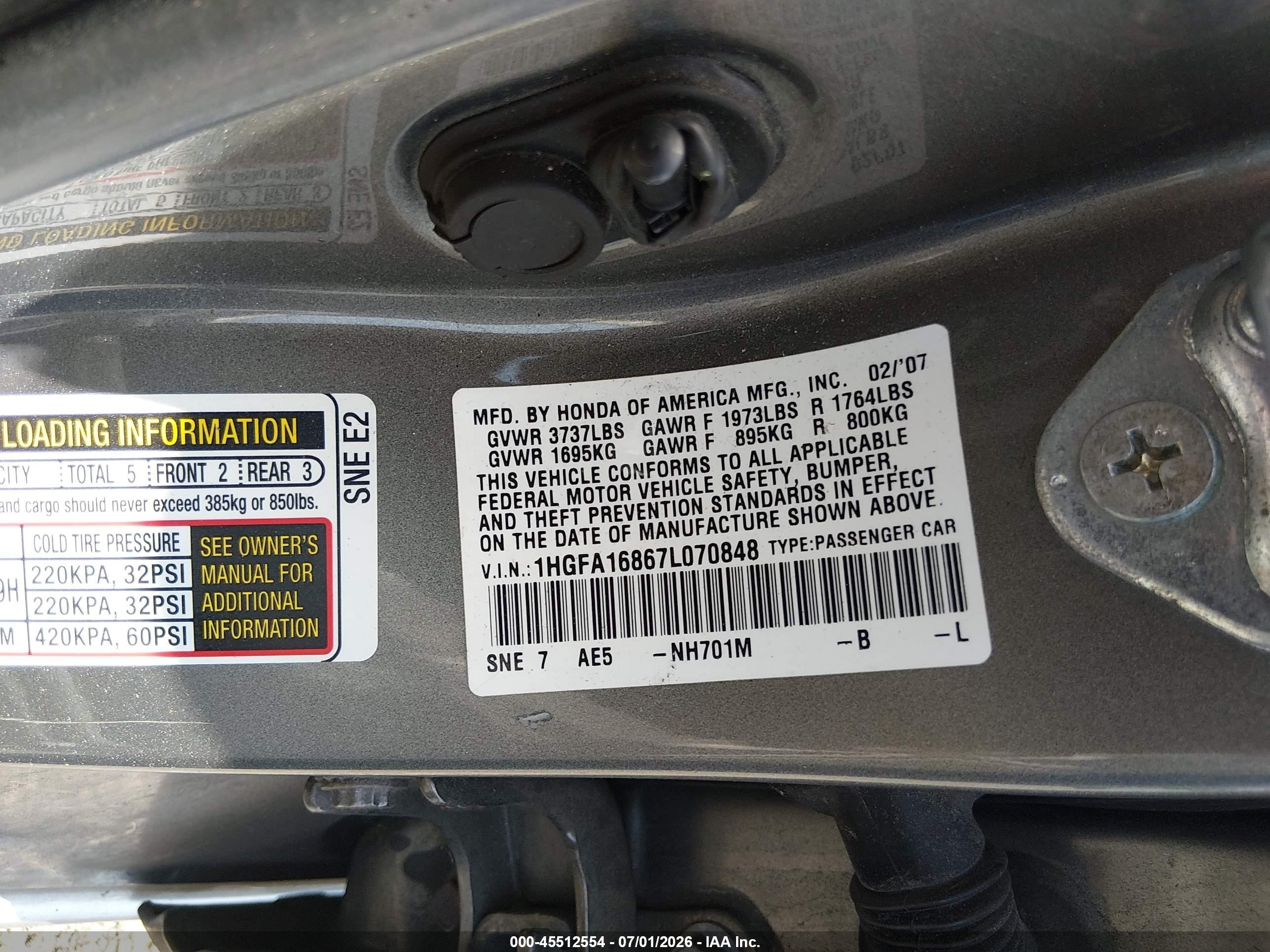 2007 Honda Civic Ex Tan vin: 1HGFA16867L070848
