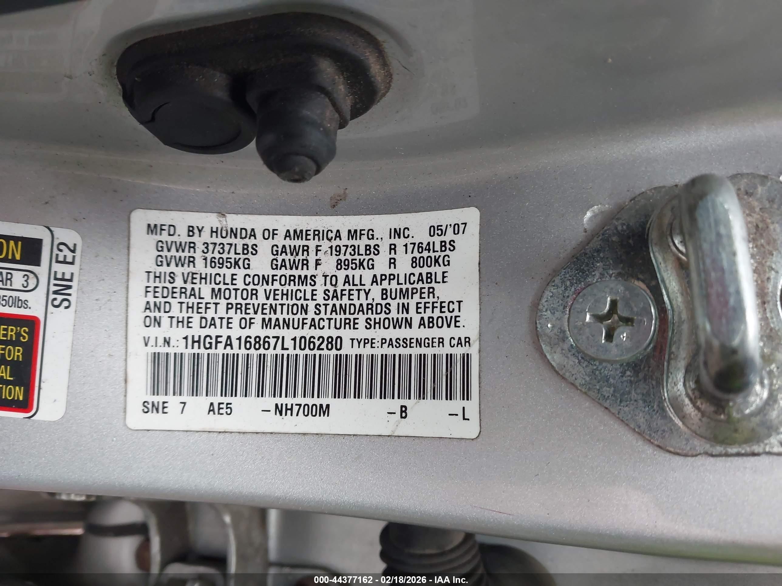 2007 Honda Civic Ex Silver vin: 1HGFA16867L106280