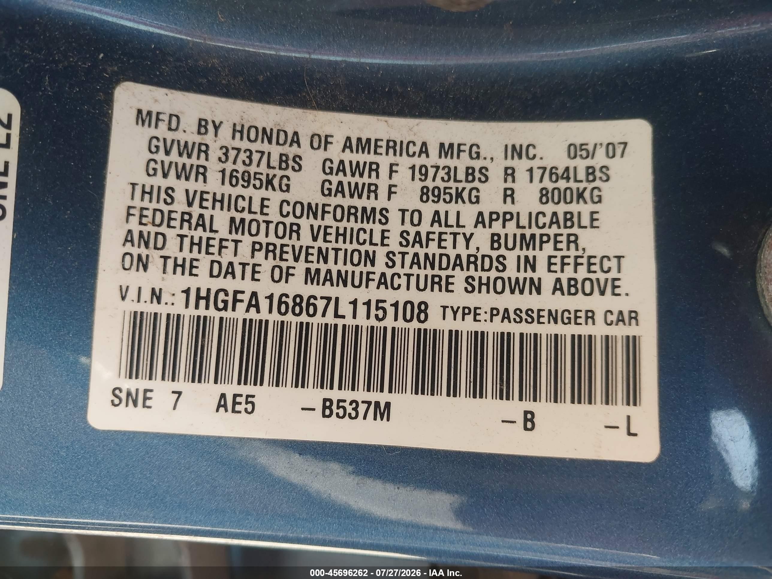 2007 Honda Civic Ex Blue vin: 1HGFA16867L115108