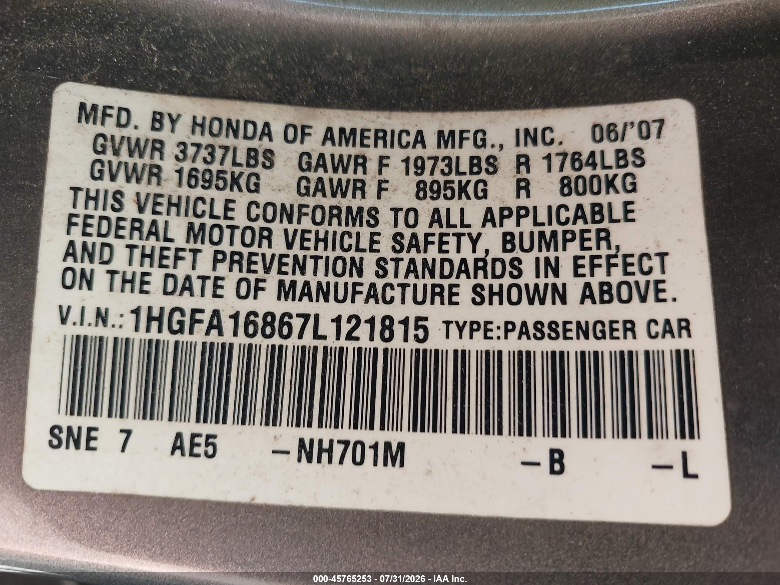 2007 Honda Civic Ex Brown vin: 1HGFA16867L121815