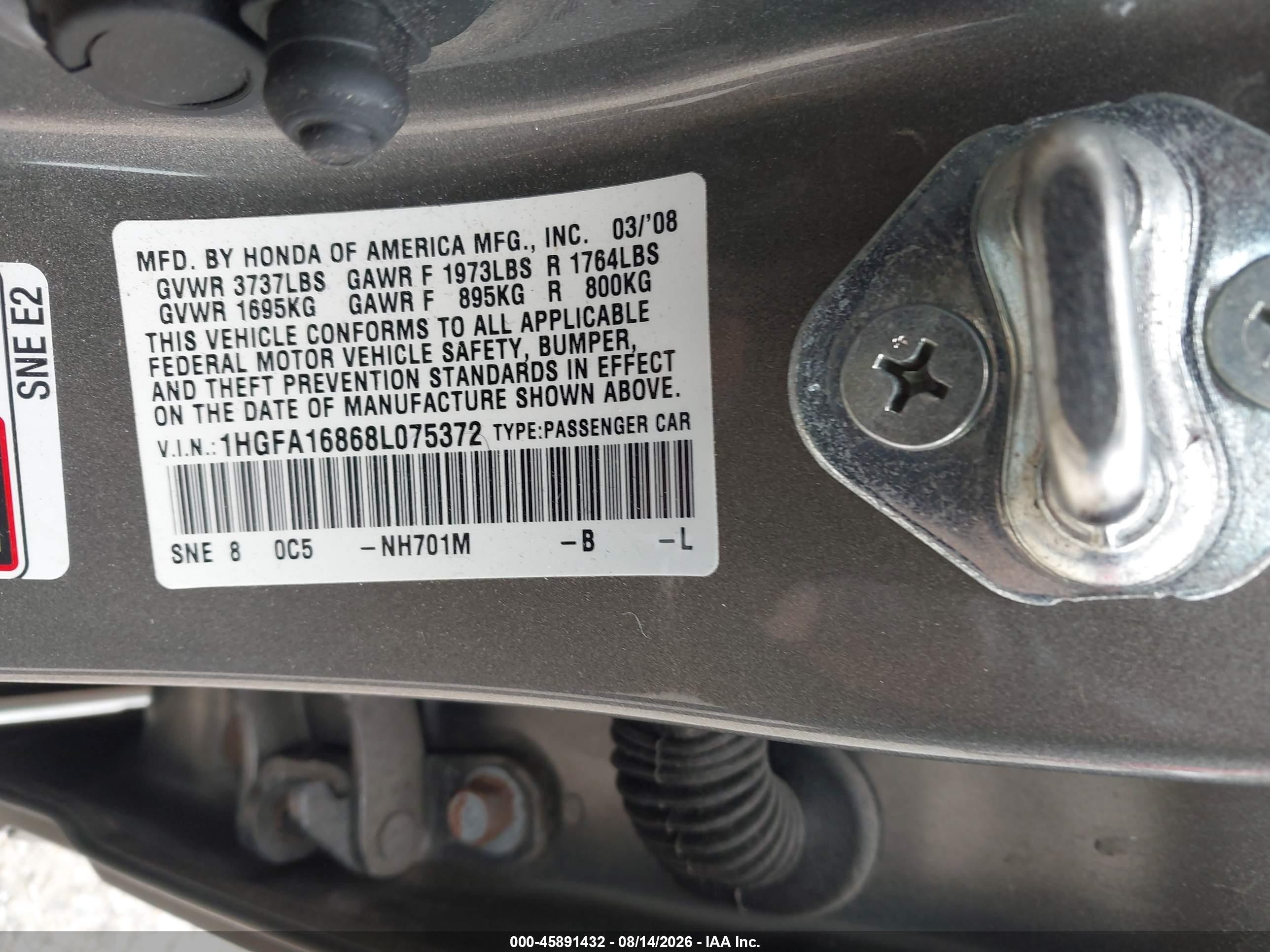 2008 Honda Civic Ex Серый vin: 1HGFA16868L075372
