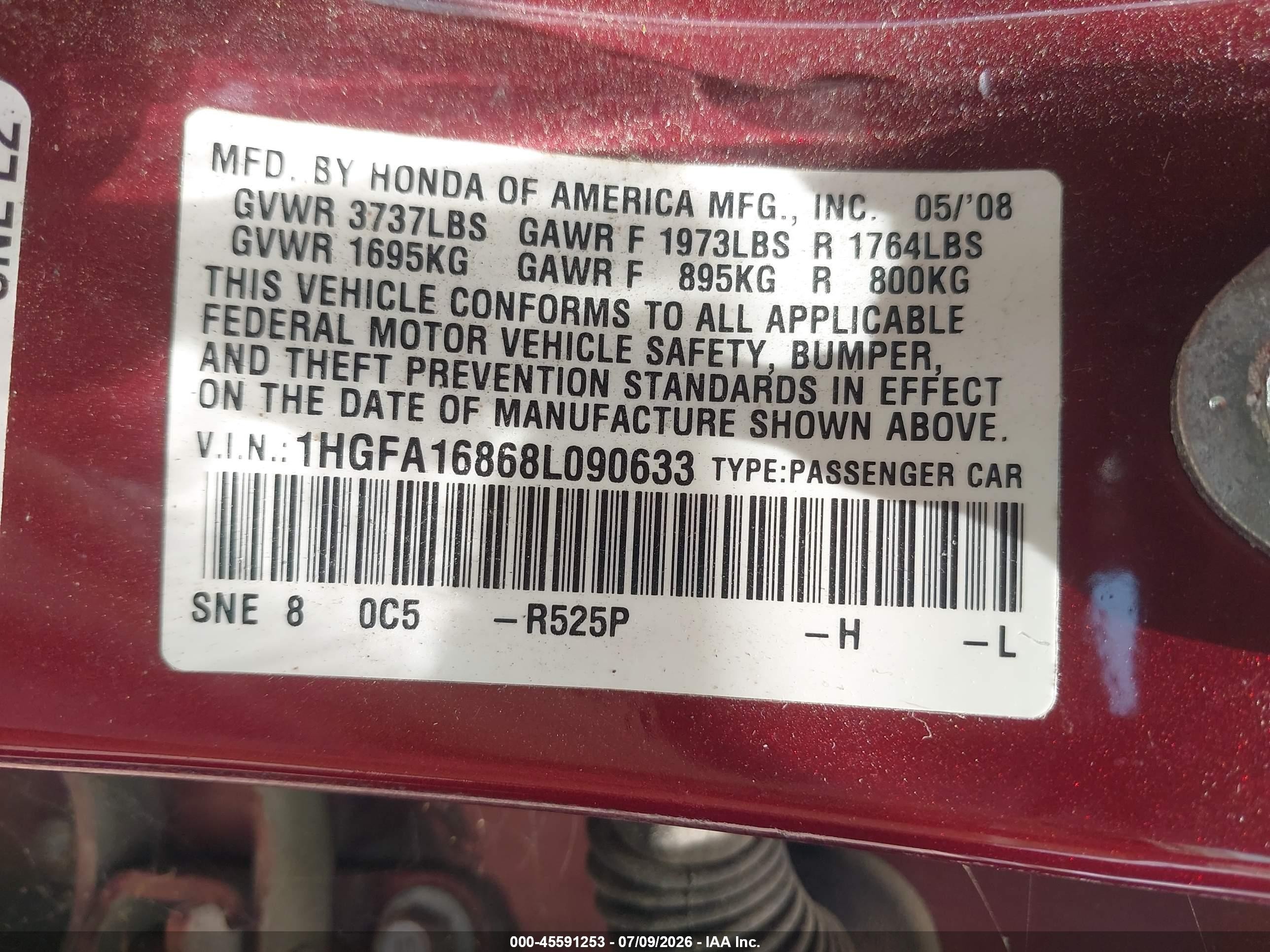 2008 Honda Civic Ex Burgundy vin: 1HGFA16868L090633