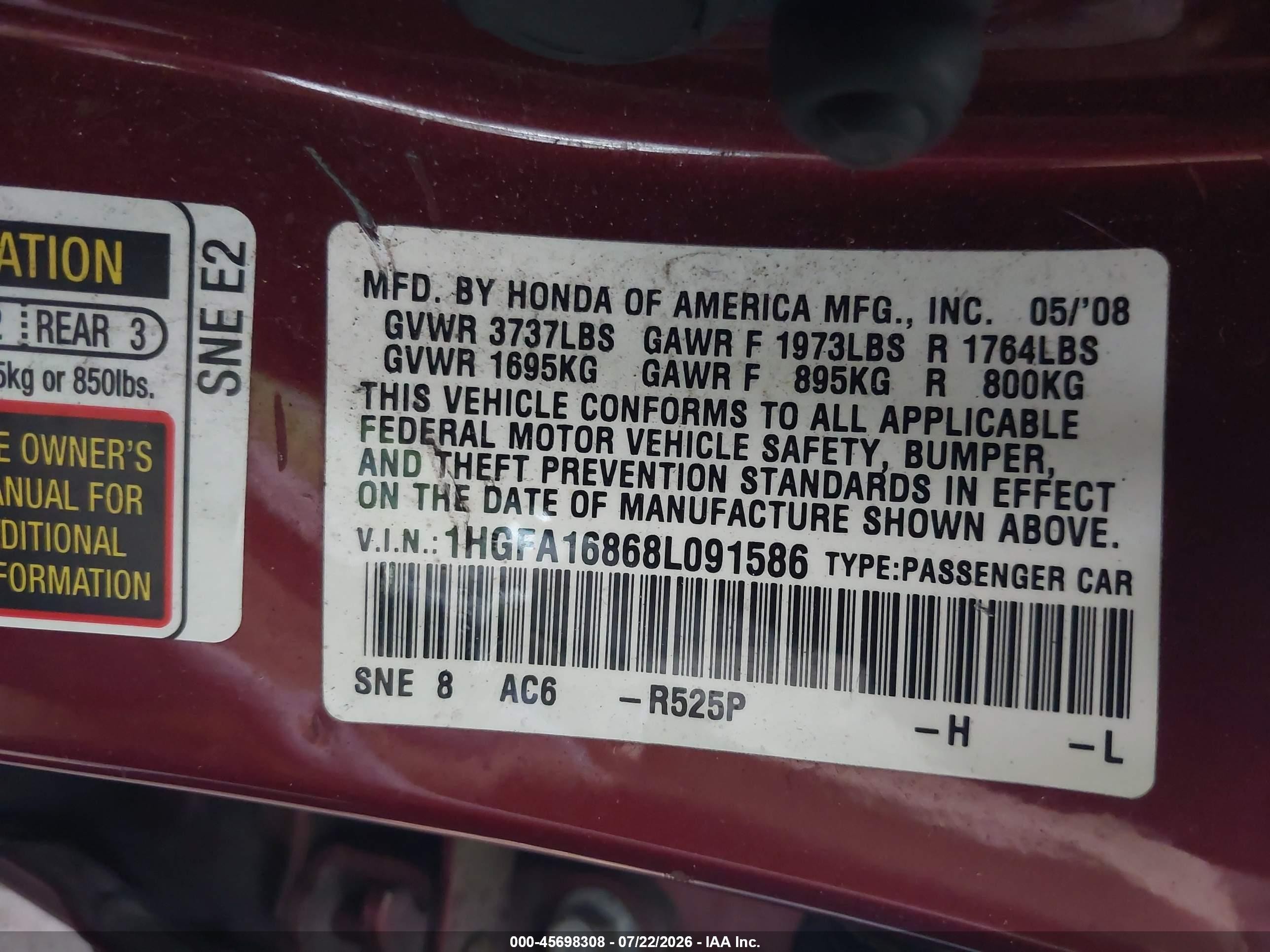 2008 Honda Civic Ex Burgundy vin: 1HGFA16868L091586