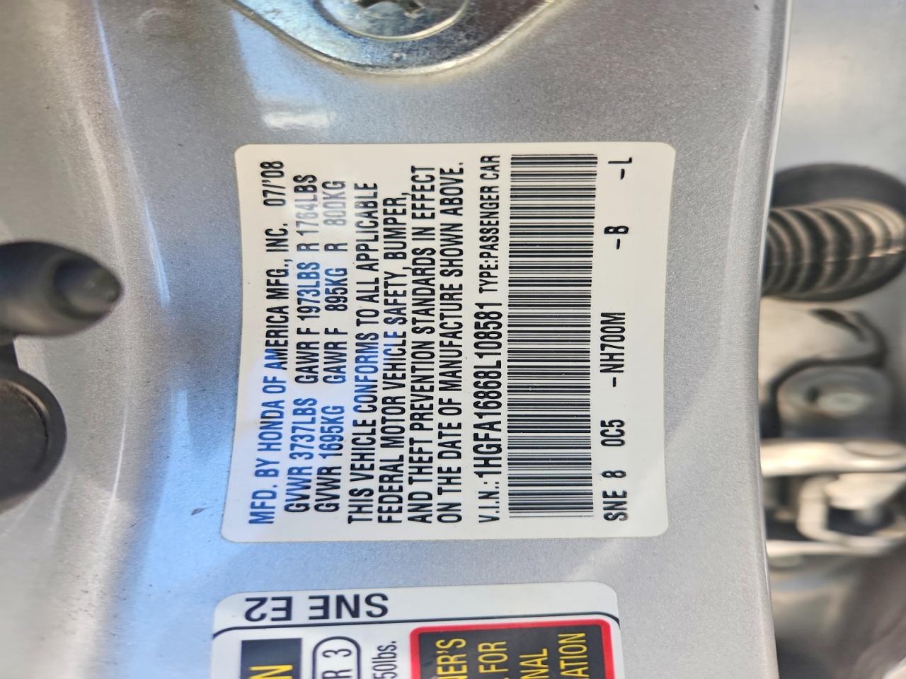 2008 Honda Civic Ex Silver vin: 1HGFA16868L108581