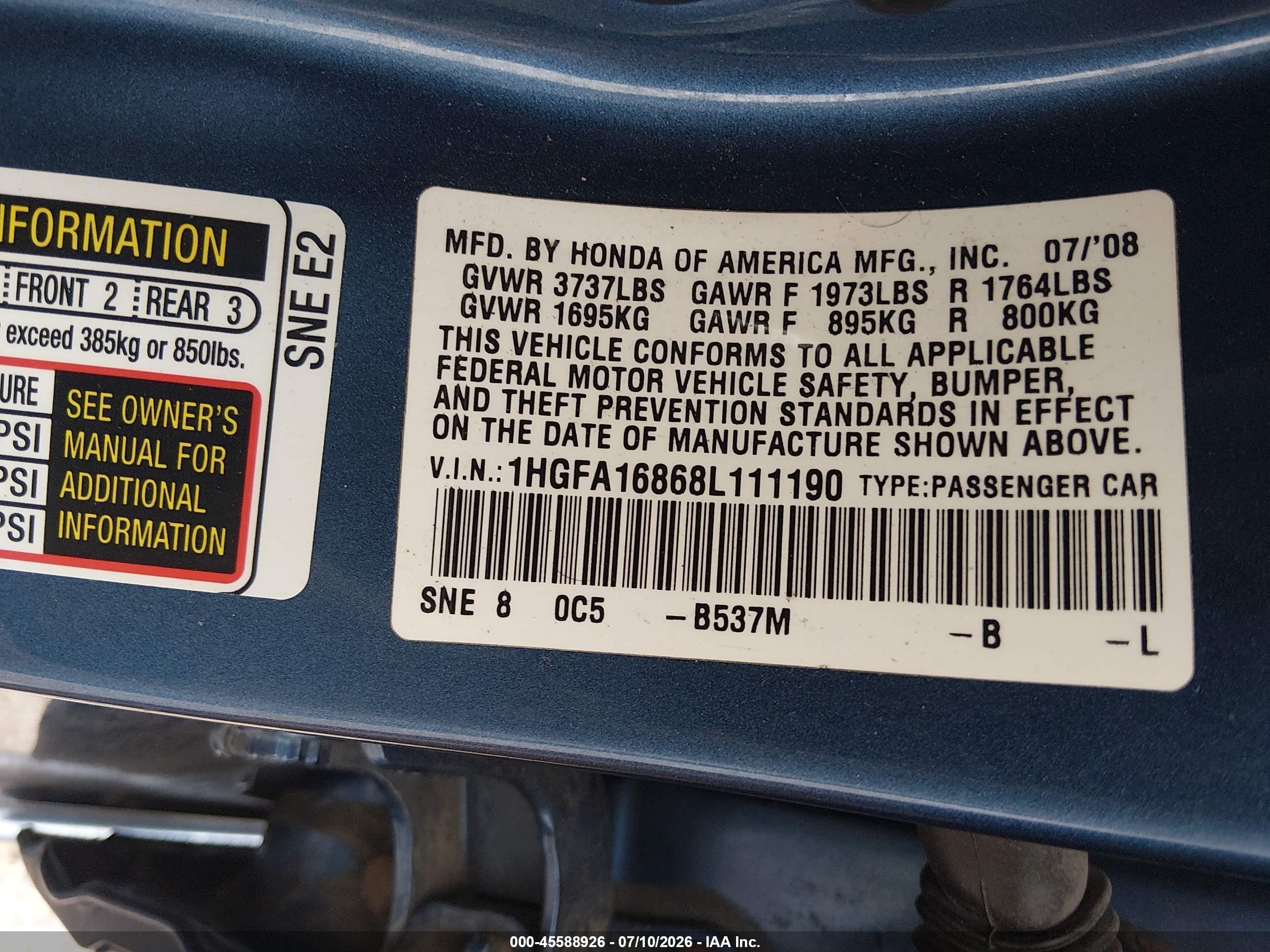 2008 Honda Civic Ex Blue vin: 1HGFA16868L111190