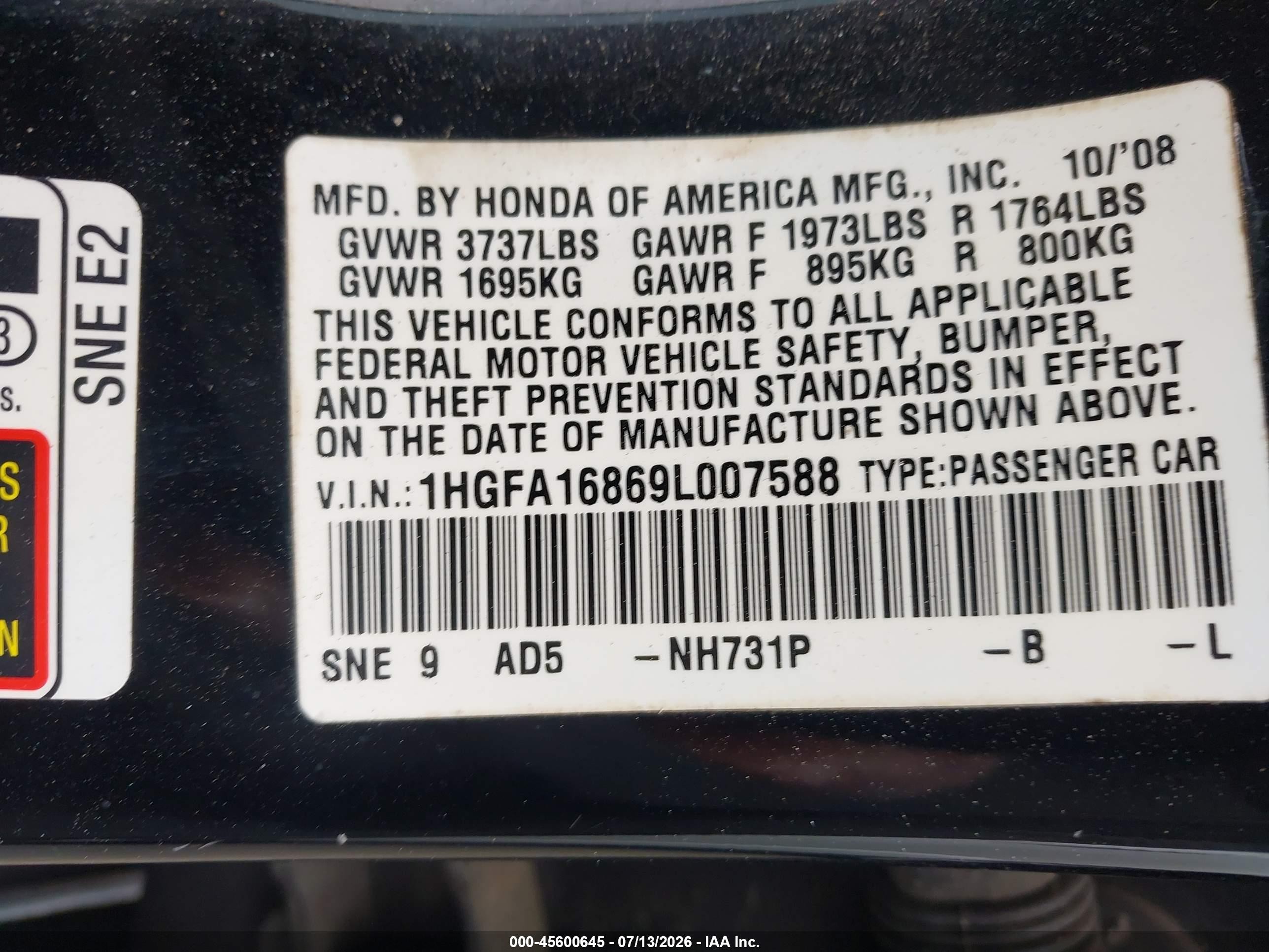2009 Honda Civic Ex Black vin: 1HGFA16869L007588