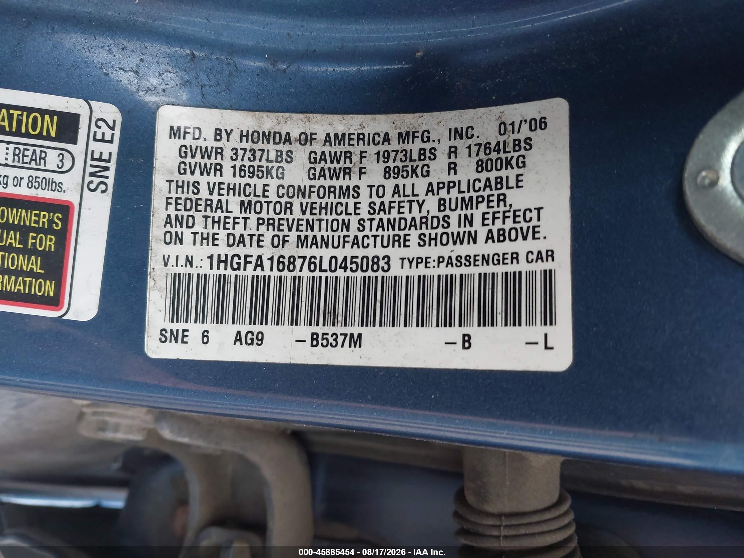 2006 Honda Civic Ex Blue vin: 1HGFA16876L045083