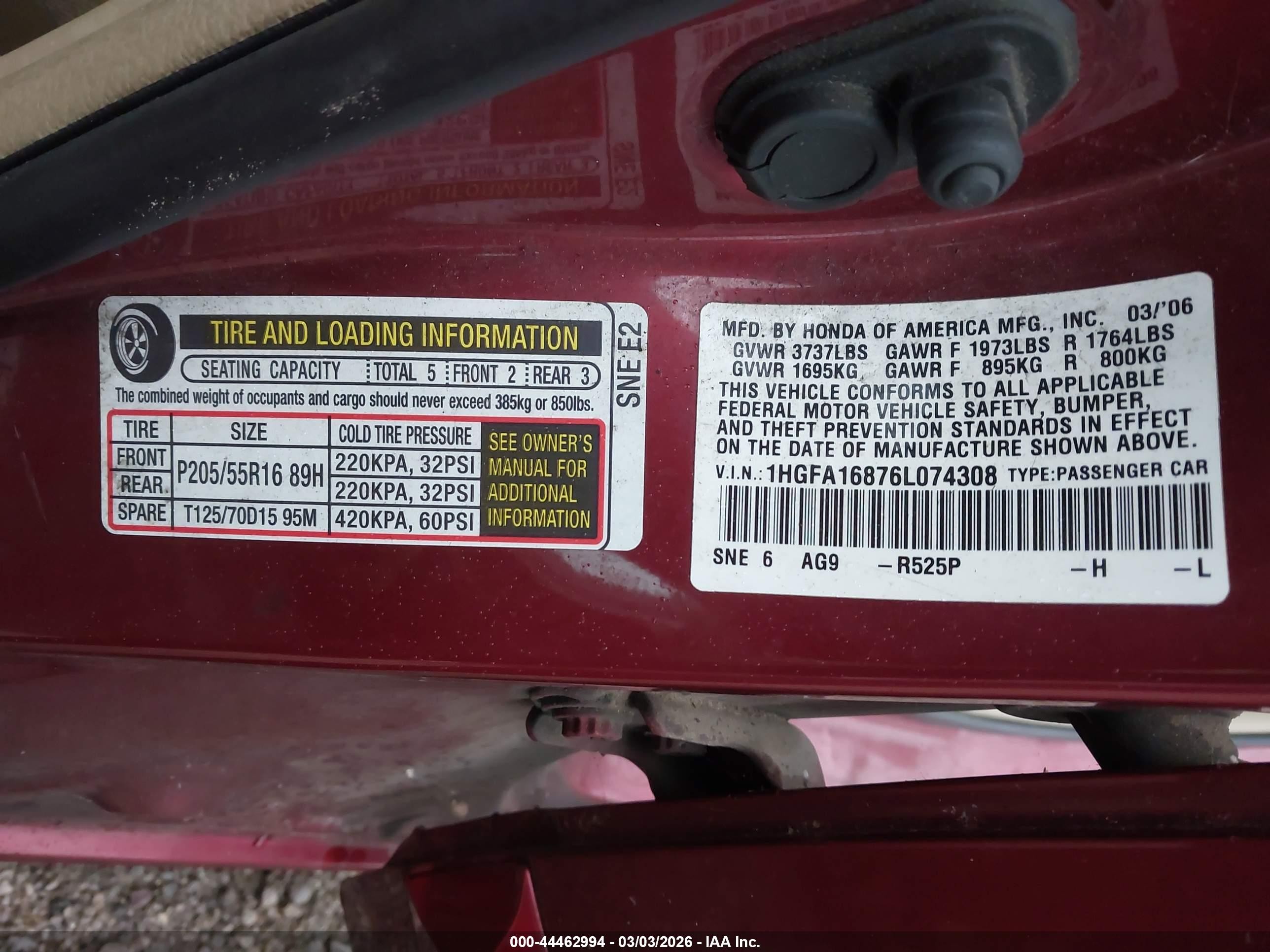 2006 Honda Civic Ex Red vin: 1HGFA16876L074308