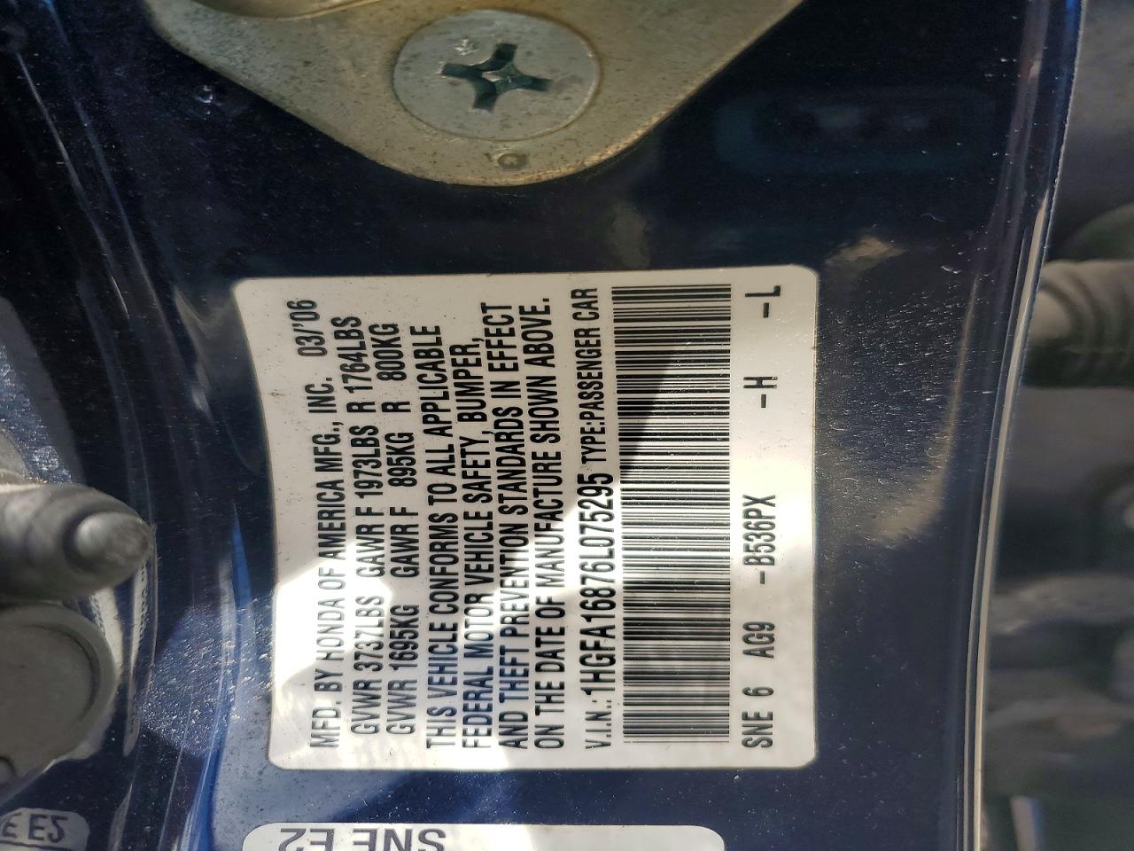 2006 Honda Civic Ex Blue vin: 1HGFA16876L075295