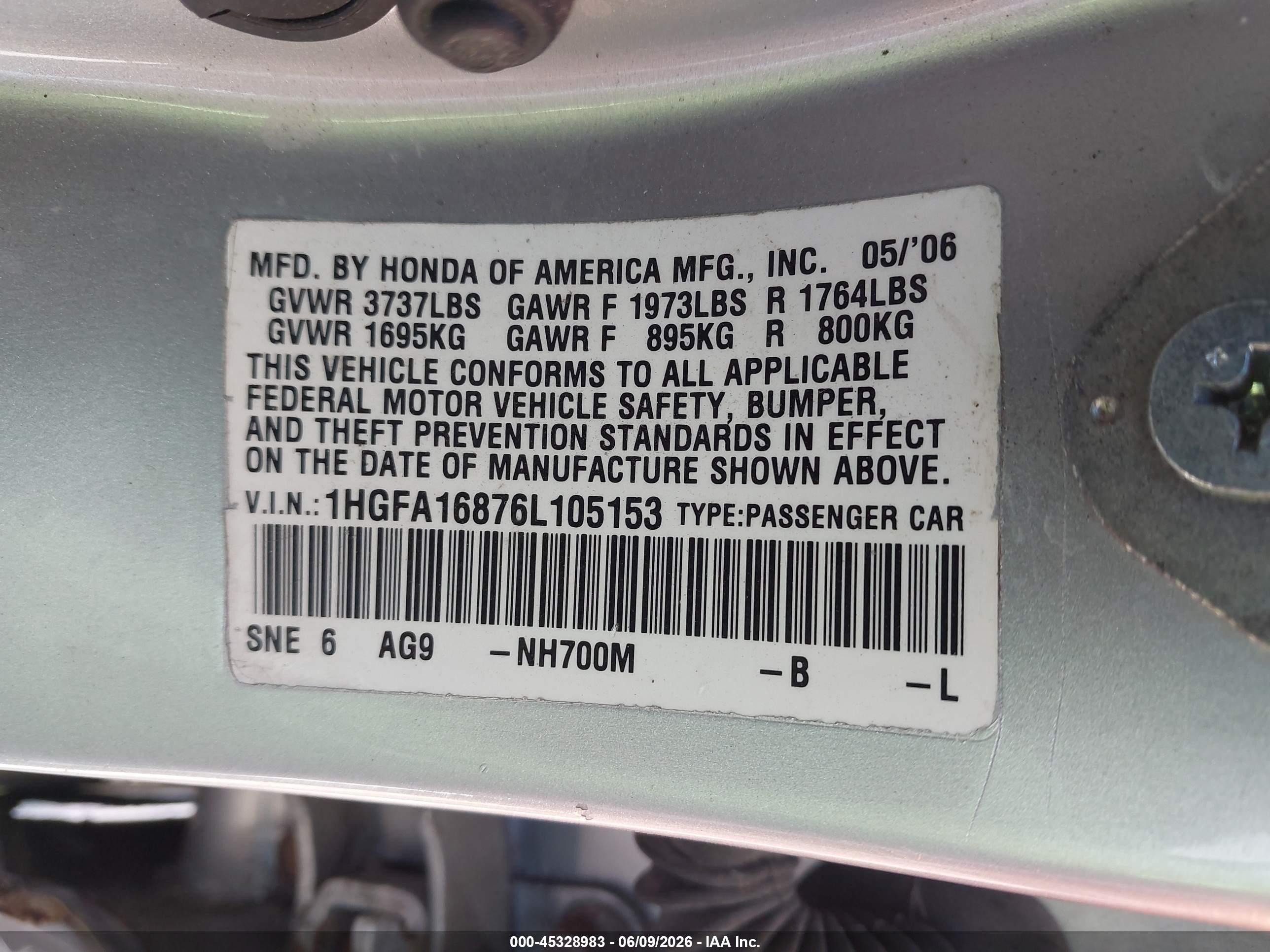 2006 Honda Civic Ex Серебряный vin: 1HGFA16876L105153