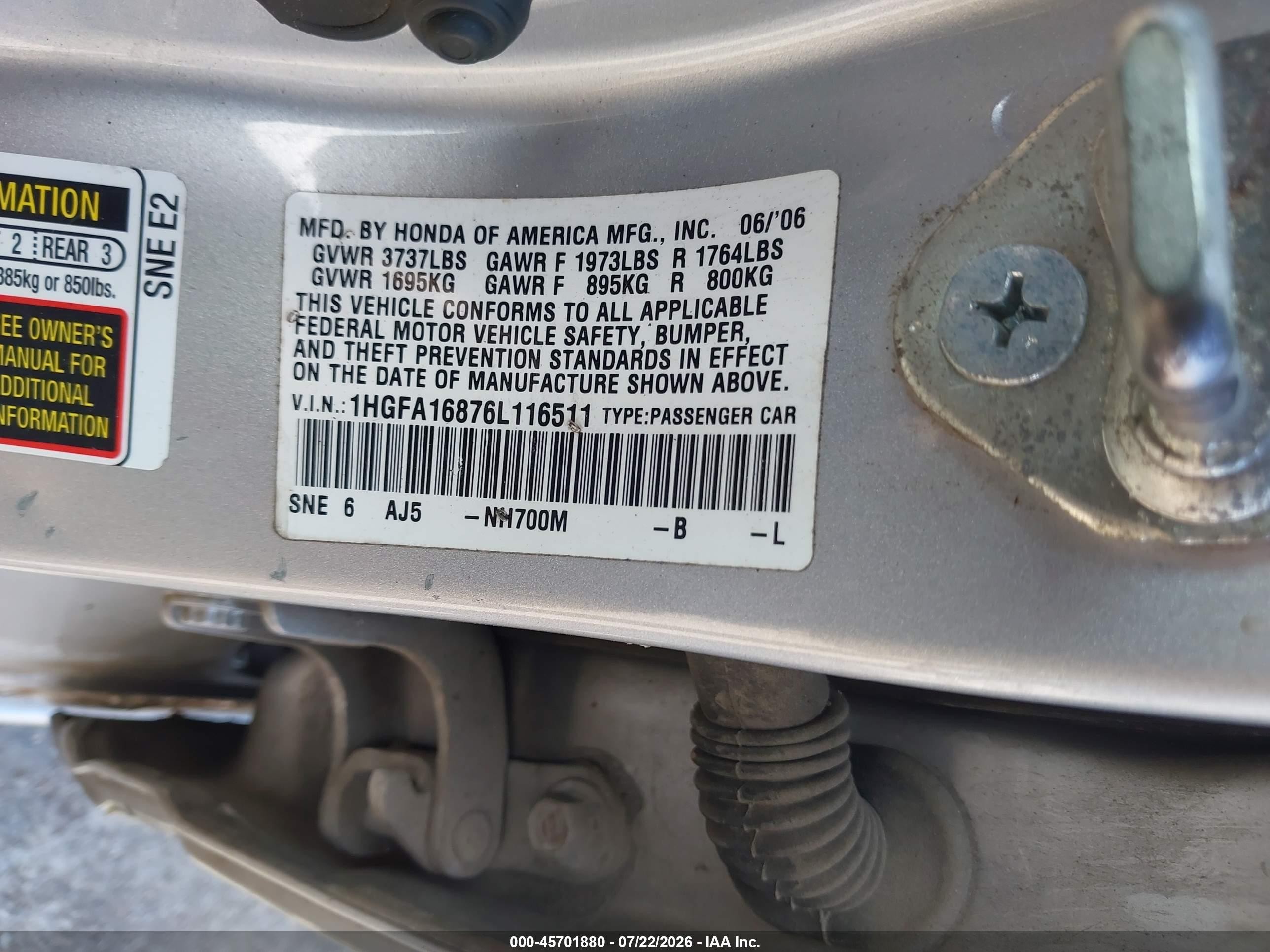 2006 Honda Civic Ex Silver vin: 1HGFA16876L116511