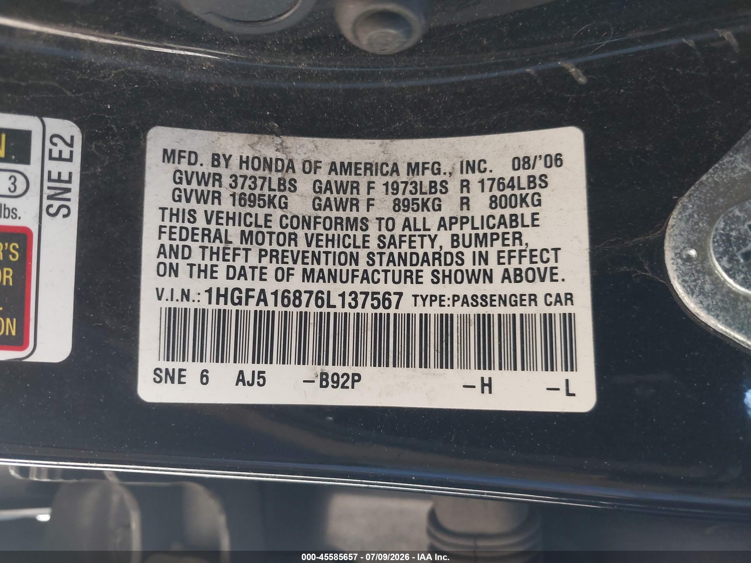 2006 Honda Civic Ex Black vin: 1HGFA16876L137567