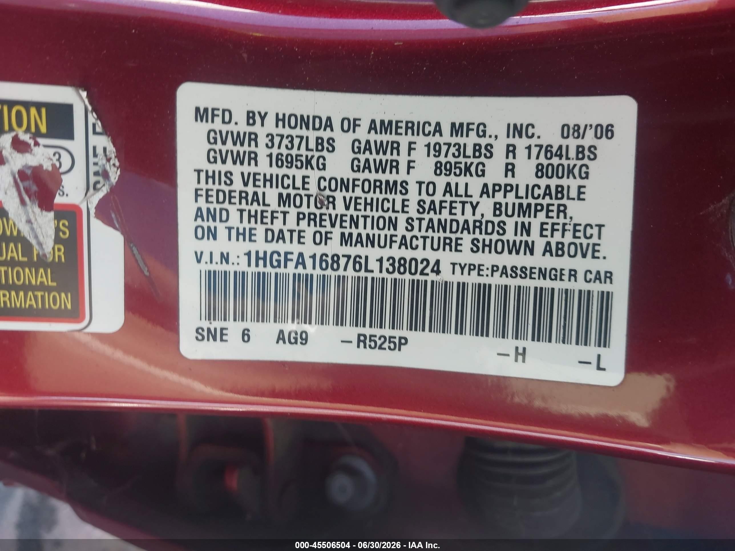 2006 Honda Civic Ex Red vin: 1HGFA16876L138024