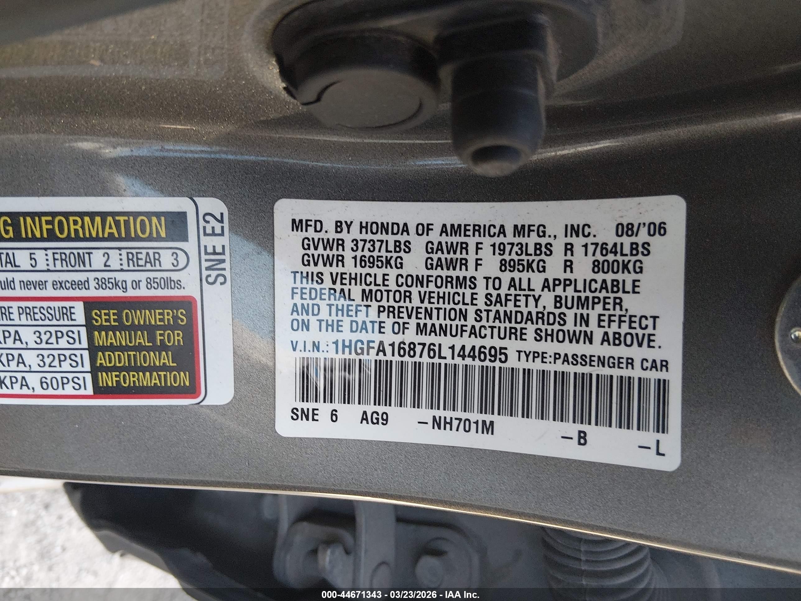 2006 Honda Civic Ex Серый vin: 1HGFA16876L144695