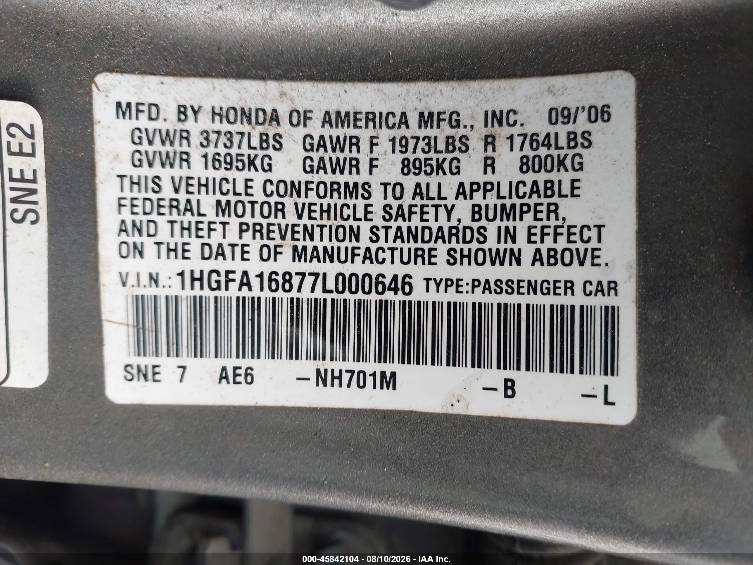 2007 Honda Civic Ex Gray vin: 1HGFA16877L000646