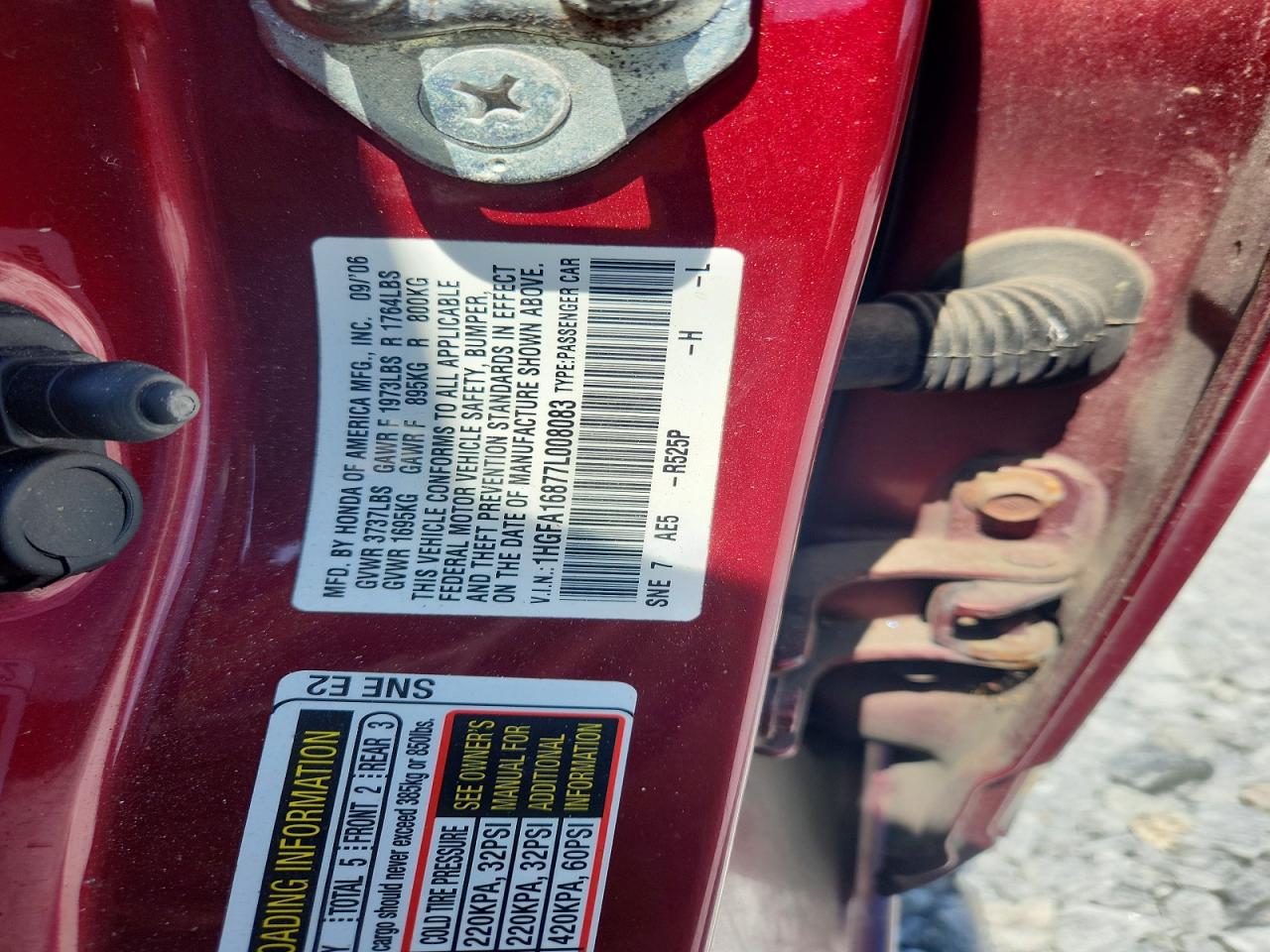 2007 Honda Civic Ex Burgundy vin: 1HGFA16877L008083