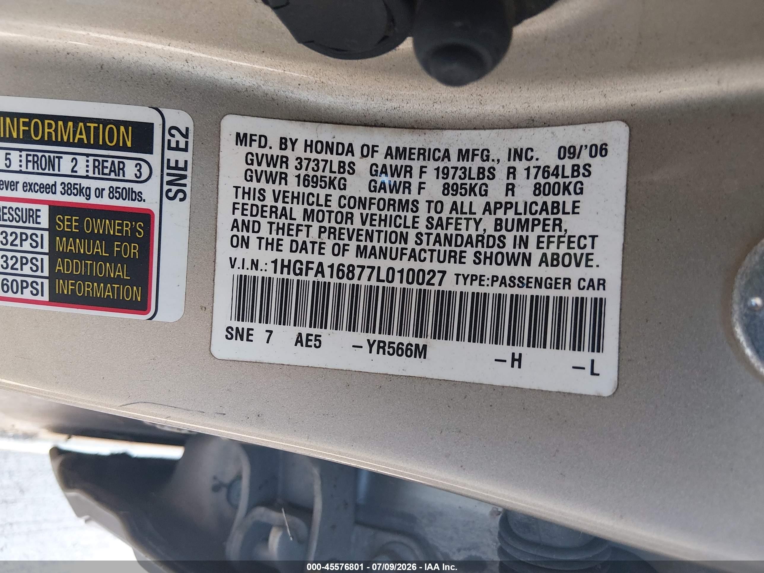 2007 Honda Civic Ex Gold vin: 1HGFA16877L010027