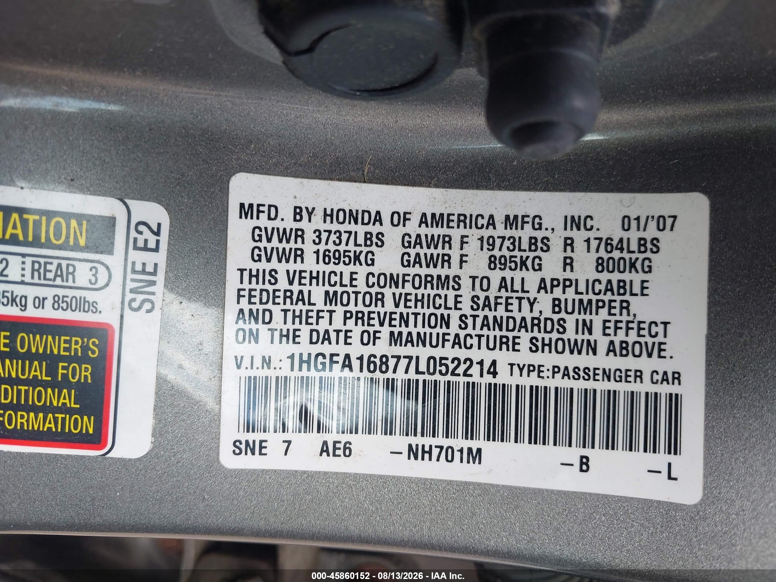 2007 Honda Civic Ex Gray vin: 1HGFA16877L052214